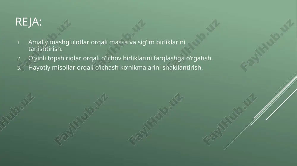 ov vositalari va narsalar beriladi. ular o‘yin davomida narsalarni tortish yoki suv miqdorini o‘lchash orqali o‘lchov birliklarini farqlashni o‘rganadi. massa birliklarini far= farqlash: o‘quvchilarga turli og‘irlikdagi narsalar beriladi, masalan, olma, kitob yoki kichik sumka. ular tarozidan foydalanib, bu narsalarni tortadi va og‘irlikni gramm yoki kilogrammda aniqlaydi. keyin guruhlar o‘z natijalarini taqqoslaydi va qaysi narsa eng og‘ir yoki eng yengil ekanligini muhokama qiladi. sig‘im birliklarini farqlash: o‘quvchilarga turli hajmdagi idishlar va suv beriladi. ular litr va millilitr birliklarini ishlatib, idishlarni suv bilan to‘ldiradi va hajmlarni solishtiradi. masalan, bir guruh bir litr suvni kichikroq idishlarga bo‘lib, har bir kichik idishning sig‘imini o‘lchaydi. farqlash bo‘yicha o‘yinlar: o‘quvchilar o‘lchov birliklarini farqlash bo‘yicha kichik musobaqa tashkil etiladi. masalan, ularga bir nechta idish va narsalar berilib, qaysi biri litr yoki qaysi biri kilogramm bilan o‘lchanishini aniqlash topshiriladi. to‘g‘ri javob bergan guruhlar rag‘batlantiriladi. natijalarni muhokama qilish: o‘yin oxirida o‘quvchilar o‘z natijalarini sinf bilan baham ko‘radi. ular qaysi …