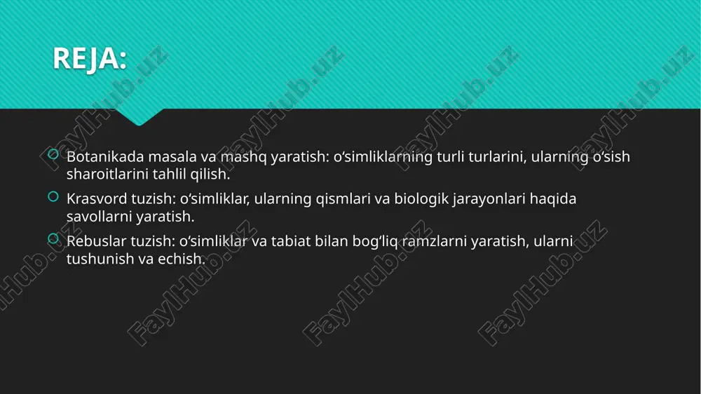 ni yaxshiroq tushunishga yordam beradi. krasvord tuzish: o‘simliklar, ularning qismlari va biologik jarayonlari haqida savollarni yaratish. krasvord tuzishda o‘simliklar, ularning qismlari va biologik jarayonlari haqida savollarni yaratish orqali o‘quvchilarga o‘simliklarning tuzilishi va faoliyatini tushunishga yordam berish mumkin. quyidagi savollar va javoblar o‘simliklarning biologik jarayonlari va qismlarini o‘rganish uchun ishlatilishi mumkin. o‘simlikning ildizdan yuqoriga o‘tuvchi suv va mineral moddalarni olib boruvchi qismlari (javob: tus) krasvord tuzishda o‘simliklar, ularning qismlari va biologik jarayonlari haqida savollar yaratish orqali o‘quvchilarga o‘simliklarning tuzilishi, ularning organlari va funksiyalarini tushunishga yordam berish mumkin. o‘simliklar biologik jarayonlarida fotosintez, respirasya, o‘sish va rivojlanish kabi jarayonlar muhim o‘rin tutadi. fotosintez jarayonida o‘simliklar nur energiyasini o‘zlashtirib, karbonat angidrid va suvdan organik moddalar, ya’ni shakar va kislorod hosil qiladilar. bu jarayonning amalga oshishi uchun o‘simlikning yashil qismlari, ya’ni yaproqlar muhim rol o‘ynaydi. o‘simliklarning tuzilishi bir nechta qismlardan iborat: ildiz, poyasi, yaproqlari, gullari va urug‘lari. ildiz o‘simlikni tuproqda ushlab turish va undan suv …