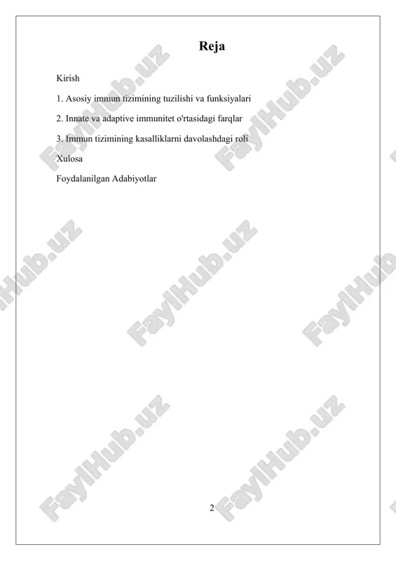 tikorlar, limfotsitlar, makrofaglar va sitokinlar mavjud bo‘lib, ular immun javobning har bir bosqichida muhim rol o‘ynaydi. immun tizimining ishlashini tushunish nafaqat sog‘liqni saqlash uchun, balki kasalliklarni davolash va oldini olishda ham muhimdir. bu soha immunizatsiya, immunoterapiya va autoimmun kasalliklar, allergiyalar va xronik kasalliklarni davolashda yangi imkoniyatlar yaratmoqda. zamonaviy tadqiqotlar immun tizimining hujayralar va molekulyar darajadagi mexanizmlarini o‘rganishga qaratilgan bo‘lib, immunogenetika va shaxsiy immunoterapiya kabi yangi yo‘nalishlar rivojlanmoqda. hozirgi vaqtda, immun tizimining mikrobiom bilan o‘zaro ta’siri va shaxsiylashtirilgan davolash usullari ustida ish olib borilmoqda, bu esa sog‘liqni saqlash sohasida inqilobiy yutuqlarga olib kelishi mumkin. shuningdek, immun tizimining muhimligini anglash va uni rivojlantirishda mavjud muammolar ham e’tiborga olinmoqda. patogenlarning immun evaziv mexanizmlari, immun javoblarning individual o‘zgaruvchanligi va salbiy ta’sirlarni boshqarish kabi muammolar hozirgi kunda ilmiy muhokamalar markazida turibdi. bu sohada eng katta muammo — immunitetning ortiqcha yoki kam faoliyat ko‘rsatishi, ya’ni autoimmun kasalliklar va immun yetishmovchiligi holatlaridir. shu bilan birga, vaksinalar va …