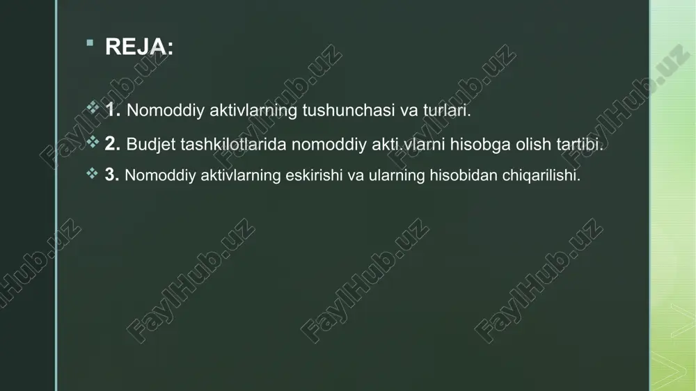 a hisob varag‘ida aks ettiriladi va har bir nomoddiy aktivga inventar raqami biriktiriladi. shuningdek, ularni hisobdan chiqarish yoki boshqa tashkilotga berish uchun tegishli hujjatlar rasmiylashtiriladi. budjet tashkilotlarida nomoddiy aktivlarni hisobga olishda ularning kelib chiqish manbai va foydali xizmat muddati muhim ahamiyatga ega. agar aktiv sotib olingan bo‘lsa, uning narxi xarid qilish va foydalanishga tayyorlash bilan bog‘liq barcha xarajatlarni o‘z ichiga oladi. agar aktiv ichki imkoniyatlar bilan yaratilgan bo‘lsa, unga ketgan mehnat haqi, materiallar va boshqa xarajatlar umumlashtiriladi. hisobga olish davlat byudjeti buxgalteriya hisobi to‘g‘risidagi nizom va tegishli standartlarga muvofiq yuritiladi. har bir nomoddiy aktiv tegishli klassifikatsiya kodi asosida buxgalteriya hisobining aniq bo‘limida qayd etiladi. yil davomida ularning qiymati amortizatsiya yo‘li bilan kamaytirilib boriladi va bu amortizatsiya xarajatlariga o‘tkaziladi. shu bilan birga, hisobot davrida aktivlardan foydalanish holati, texnik va huquqiy maqomi qayta ko‘rib chiqiladi. budjet tashkilotlarida nomoddiy aktivlar hisobini yuritishda ularning har bir turi uchun alohida hisob kartochkalari ochiladi va u …