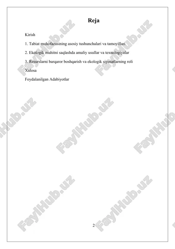 rik loyihalar va dasturlarni amalga oshirmoqda. biroq, resurslarning ortiqcha ishlatilishi, iqlim o‘zgarishi va ekologik ta’sirlarning kuchayishi bilan bog‘liq muammolar mavjud bo‘lib, ularni hal qilish uchun innovatsion texnologiyalar va ilg‘or amaliyotlarni joriy etish zarurati ortmoqda. ekologik ta’lim va jamiyatning ongini oshirish ham muhim omil bo‘lib, keng jamoatchilikning ishtiroki tabiiy muhitni saqlashda muhim rol o‘ynaydi. i. tabiat muhofazasining asosiy tushunchalari va tamoyillari tabiat muhofazasining asosiy tushunchalari va tamoyillari, ayniqsa, tabiatni muhofaza qilishning umumiy mexanizmlari va yondashuvlari inson faoliyatining ekologik muhitga ta’sirini cheklash va resurslarni uzoq muddatli saqlashga qaratilgan. bu tamoyillar nafaqat tabiiy resurslarni tejash, balki biologik xilma-xillikni saqlash va ekologik muvozanatni ta’minlash uchun muhimdir. tabiatni muhofaza qilishning asosiy tushunchalariga ekologik muvozanat, biologik xilma-xillik, resurslarning barqaror boshqarilishi va inson faoliyatining ekologik izini kamaytirish kiradi. ekologik muvozanat — bu tabiiy muhitda turli xil organizmlar va atrof-muhit komponentlari o‘rtasidagi muvofiqlik va barqarorlikni anglatadi. bu muvozanat inson faoliyatining ta’siridan so‘ng buzilmaslik uchun muhim bo‘lib, uni saqlash …