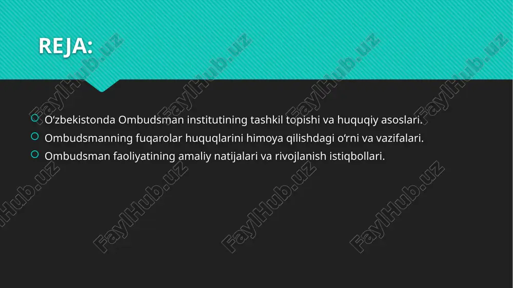aat qabul qilish huquqiga ega bo‘lib, bu jihatdan ham u alohida ahamiyatga ega. ombudsmanning fuqarolar huquqlarini himoya qilishdagi o‘rni va vazifalari. ombudsmanning fuqarolar huquqlarini himoya qilishdagi o‘rni fuqarolar va davlat organlari o‘rtasidagi muvozanatni saqlash, insonning asosiy huquq va erkinliklarini ta’minlash bilan bog‘liq. u fuqarolardan tushgan murojaatlarni mustaqil va xolis tarzda ko‘rib chiqadi hamda aniqlangan huquqbuzarliklar yuzasidan tegishli davlat organlariga ta’sir choralarini qo‘llashni tavsiya etadi. ombudsman fuqarolarning e’tirozlarini to‘g‘ridan-to‘g‘ri o‘rganadi, ularni davlat idoralari bilan bog‘lovchi vositachi sifatida faoliyat yuritadi. shuningdek, u jazoni ijro etish muassasalari, vaqtincha saqlash hibsxonalari va boshqa yopiq muassasalarga monitoring tashriflarini amalga oshirib, mahkumlar va hibsga olinganlarning huquqiy holatini kuzatadi. ombudsmanning yana bir muhim vazifasi fuqarolarning huquqiy bilimini oshirish, jamiyatda huquqiy madaniyatni shakllantirish hamda inson huquqlarini ta’minlash bo‘yicha qonunchilikni takomillashtirishda ishtirok etishdan iborat. shu yo‘l bilan ombudsman fuqarolarning huquqiy kafolatlarini amalda ta’minlashga faol hissa qo‘shadi. ombudsman fuqarolarning konstitutsiyaviy huquq va erkinliklarini himoya qilishda muhim vosita sifatida xizmat qiladi. …