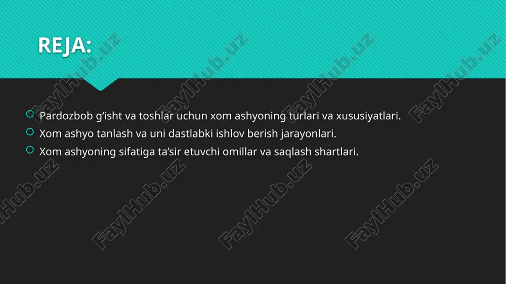 hdan o‘tadi. birinchi bosqichda materiallar tozalash va zarrachalarining noxush moddalaridan xoli bo‘lishi ta’minlanadi. tabiiy materiallar, masalan, qum va loy, avvaldan zarrachalarini ajratib olish uchun elakdan o‘tkaziladi. keyingi bosqichda, xom ashyo o‘lcham va shakliga keltiriladi, ya’ni g‘isht yoki tosh shaklini olish uchun uning zarrachalari tartibga solinadi. agar material sun’iy bo‘lsa, masalan, keramika massalari yoki tsement, ular to‘g‘ri aralashtirilishi va maxsus formulaga ko‘ra tayyorlanishi kerak. shuningdek, xom ashyo qo‘shimcha moddalar bilan aralashtiriladi. bunga polimerlar, bo‘yoqlar yoki boshqa mustahkamlovchi materiallar kiradi, bu esa mahsulotning mustahkamligini oshirishga yordam beradi. har bir materialning pishirish yoki quritish jarayoniga alohida e’tibor berish zarur, chunki harorat va vaqtning o‘zgarishi mahsulot sifatini ta’minlashda muhim rol o‘ynaydi. xom ashyo tanlash va uni dastlabki ishlov berish jarayonlari g‘isht va toshlarning sifatini shakllantiruvchi muhim bosqichdir. xom ashyo tanlashda uning tabiiy xususiyatlari, saqlash muddati va ishlov berishga mosligi hisobga olinadi. materialning tozaligi, yuqori sifatli bo‘lishi, o‘zgarmas struktura va tabiiy mustahkamligi talab qilinadi. xom …