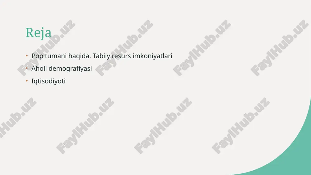loslanish va tuproq eroziyasi, resurslarni uzoq muddatli saqlash va barqaror rivojlanishni ta'minlash uchun hal qilinishi lozim. 3 rivojlanish istiqbollari - innovatsiyalar va ekologik toza texnologiyalar yordamida pop tumanida resurslarni to‘g‘ri boshqarish va iqtisodiy rivojlanishni barqaror qilish mumkin. pop tumani resurslarining iqtisodiy va strategik ahamiyati. 1 mahalliy resurslar pop tumanining tabiiy boyliklari, ayniqsa qishloq xo‘jaligi va mineral resurslari, iqtisodiy rivojlanish uchun muhim asos bo‘lib xizmat qiladi. 2 strategik joylashuv hududning geografik joylashuvi transport va savdo yo‘llariga yaqinligi, strategik ahamiyatini oshiradi va iqtisodiy hamkorlik imkoniyatlarini kengaytiradi. 3 texnologik imkoniyatlar zamonaviy texnologiyalar resurslarni samarali boshqarish va qayta ishlashda muhim, bu esa iqtisodiy o‘sishni va ekologik muammolarni hal qilishga yordam beradi. 4 resurslarning strategik roli resurslar milliy xavfsizlikni ta’minlashda, investitsiyalarni jalb qilishda va iqtisodiy diversifikatsiya uchun strategik ahamiyatga ega. pop tumani aholining yosh tarkibi va uning iqtisodiy ta'siri 1 yoshlarning yoshdagi taqsimoti pop tumanida yoshlarning ulushi yuqori bo‘lib, bu iqtisodiyot uchun yangi ishchi kuchi …
