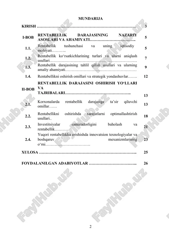 qlanadi, ortiqcha sarflar kamaytiriladi va tizimning umumiy samaradorligi oshiriladi. kurs ishining maqsadi: kurs ishining asosiy maqsadi — energiya boshqaruvi tizimlarini (ems) loyihalash jarayonida zamonaviy texnologik yondashuvlarni o‘rganish, energiya resurslaridan samarali va tejamkor foydalanish imkoniyatlarini aniqlash hamda ushbu tizimlarning iqtisodiy va ekologik samaradorligini oshirish yo‘llarini ishlab chiqishdan iborat. kurs ishining vazifalari: energiya boshqaruvi tizimlarining asosiy prinsiplari va funksiyalarini o‘rganish, ular orqali energiya iste’molining samarali boshqarilishini ta'minlash. energiya boshqaruvi tizimlari uchun zarur texnologiyalarni tahlil qilish va zamonaviy innovatsion yechimlarni aniqlash. ems tizimlarining struktura va komponentlarini o‘rganish, ularning energiya resurslaridan samarali foydalanish imkoniyatlarini baholash. energiya boshqaruvi tizimlarini loyihalashda iqtisodiy, ekologik va texnik jihatlarni hisobga olish, ular orqali energiya tejash va samaradorlikni oshirish. kurs ishining obyekti: kurs ishining obyekti – energiya boshqaruvi tizimlari va ularni loyihalash jarayonlari. ushbu jarayonlar energiya resurslaridan samarali foydalanishni ta'minlash, energiya sarfini kamaytirish va ekologik ta'sirlarni boshqarishga qaratilgan metod va usullarni o‘z ichiga oladi. asosiy qism rentabellik — bu korxona …