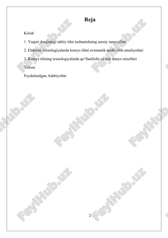 ish, nutqni tahlil qilish va tarjima qilish sohalarida yangi imkoniyatlar ochib bermoqda. buni ta'minlash uchun, tabiiy tilni tushunishning asosiy tamoyillari, elektron texnologiyalarda koreys tilini avtomatik tanib olish amaliyotlari va texnologiyalardagi qo'llanilishining real dunyo misollari muhim o'rin tutadi. hozirgi vaqtda, koreys tilining elektron texnologiyalar bilan integratsiyasi sohasida muhim yutuqlar qilingan bo'lib, ular tilni o'rganish, tarjima qilish, nutqni tanib olish va matnni tahlil qilishda keng qo'llanilmoqda. i. yuqori darajadagi tabiiy tilni tushunishning asosiy tamoyillari yuqori darajadagi tabiiy tilni tushunishning asosiy tamoyillari, koreys tilining elektron texnologiyalar bilan integratsiyasida muhim ahamiyat kasb etadi. bu tamoyillar, ayniqsa, tilni avtomatik ravishda tushunish, tarjima qilish va nutqni tanib olish jarayonlarida asosiy rol o'ynaydi. ular yordamida kompyuterlar va boshqa elektron qurilmalar koreys tilining murakkab strukturalarini, kontekst va semantik nuanslarini to'g'ri aniqlash imkoniyatiga ega bo'ladi. shu bilan birga, bu tamoyillar tilni raqamli muhitga moslashtirish va undan maksimal darajada foydalanish uchun zarur bo'lgan metodologik asoslarni taqdim etadi. yuqori darajadagi tabiiy …