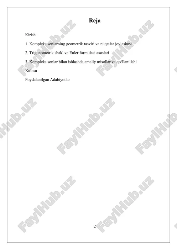 islik va matematikaning turli sohalarida keng qo‘llaniladi. ularning rivojlanishi, euler formulasi va trigonometrik identifikatsiyalar bilan bog‘liq muhim nazariyalar asosida yuzaga kelgan. bu shakllar yordamida kompleks o‘zgaruvchilar bilan ishlash va ularning xossalarini tahlil qilish ancha osonlashadi. shuningdek, bu tushunchalar, matematika va uning ilovalarida, xususan, differensial tenglamalar, signallarni tahlil qilish va kvant mexanikasida keng qo‘llaniladi. i. kompleks sonlarning geometrik tasviri va nuqtalar joylashuvi kompleks sonlarning geometrik maʼnosi va trigonometrik shakli mavzusi, matematikada muhim o‘rin tutadi va ular algebraik hamda geometriyada keng qo‘llaniladi. kompleks sonlar, odatda, a + bi shaklida yoziladi, bu yerda a va b real sonlar, i esa imaginär birlikdir, u i² = -1 ni anglatadi. geometrik nuqtai nazardan, har bir kompleks sonni koordinata sistemasida nuqta yoki vektor sifatida tasvirlash mumkin. bu nuqtaning x va y koordinatalari real va imaginär qismlarga mos keladi, shuning uchun kompleks sonning geometrik shakli nuqta yoki vektor bo‘lib, u kompleks o‘qiga parallel bo‘lgan chiziq bilan bog‘lanadi.kompleks …