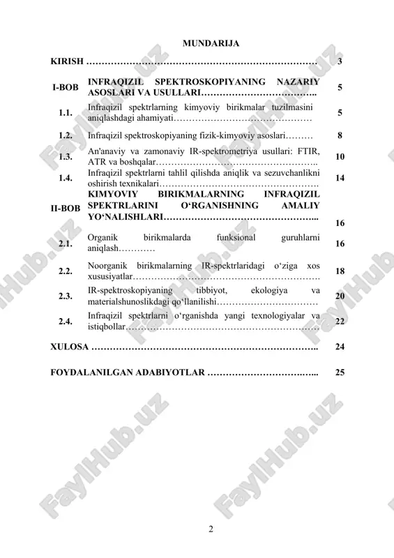 ilishda samarali qo‘llaniladi. ayniqsa, ekologik monitoring va sanoat jarayonlarida ifloslantiruvchi moddalarni aniqlashda iq spektrlari asosida tez va ishonchli tahlil o‘tkazish mumkin. shuningdek, bu usul noinvaziv, tezkor va yuqori sezuvchanlikka ega bo‘lgani bois ilmiy tadqiqotlarda ham keng qo‘llanilmoqda. kurs ishining maqsadi: infraqizil spektroskopiya usulining nazariy asoslarini o‘rganish, kimyoviy birikmalarning iq spektrlari orqali ularning funksional guruhlarini aniqlashni o‘zlashtirish va bu usulning analitik imkoniyatlarini tahlil qilish. kurs ishining vazifalari: · infraqizil spektroskopiya asoslarini o‘rganish. · kimyoviy birikmalarning iq spektrlari tuzilishini tahlil qilish. · funktsional guruhlarning iq sohalardagi xarakteristik cho‘qqilarini aniqlash. · iq spektrlari asosida moddalarni identifikatsiyalash usullarini o‘rganish. · amaliy misollar asosida iq tahlil usulini solishtirish va qo‘llash imkoniyatlarini baholash. kurs ishining obyekti: kimyoviy birikmalar va ularning infraqizil spektrlari. infraqizil tahlil o‘tkazish uchun ishlatiladigan zamonaviy asbob-uskunalar va texnologiyalar. kurs ishining predmeti: infraqizil spektroskopiya orqali kimyoviy birikmalarni tahlil qilish, ularning funksional guruhlarini aniqlash, spektral cho‘qqilarni interpretatsiya qilish va iq spektrlari asosida moddalarning tuzilmasini o‘rganish. …
