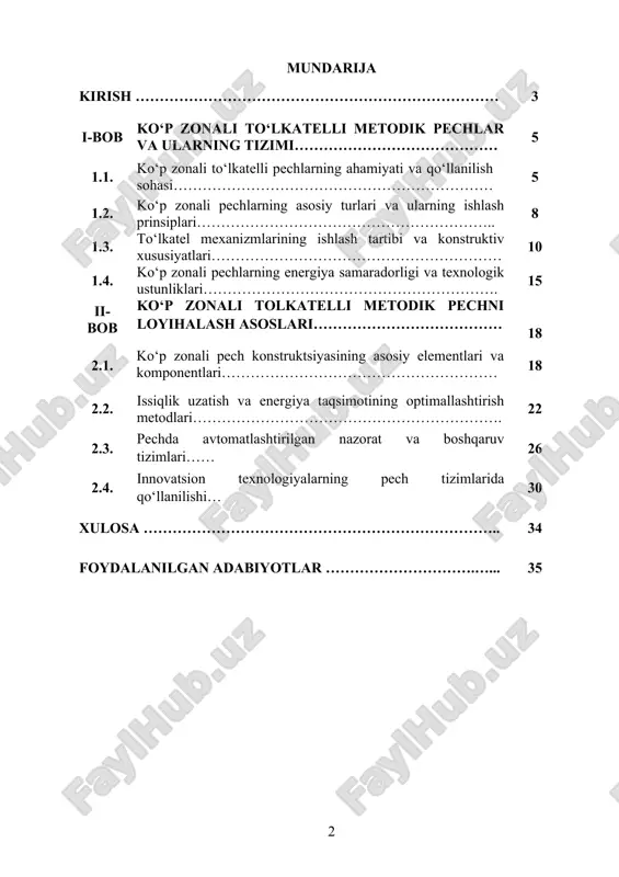 r har bir zona haroratini mustaqil nazorat qilish imkonini beradi, bu esa energiyaning maqsadli sarflanishi va ekologik ta’sirning kamaytirilishiga olib keladi. iqlim o‘zgarishi va energiya resurslarining cheklanganligi sharoitida energiya tejovchi metodlarni rivojlantirish dolzarb ahamiyat kasb etmoqda. kurs ishining maqsadi: ko‘p zonali tolkatelli metodik pechlarni loyihalashning zamonaviy usullarini o‘rganish, ularning energiya samaradorligini oshirish, harorat boshqaruv tizimlarini takomillashtirish va mahsulot sifatini yaxshilash uchun innovatsion yondoshuvlarni ishlab chiqishdan iborat. kurs ishining vazifalari: ko‘p zonali tolkatelli metodik pechlarning tuzilishi va ishlash prinsiplarini o‘rganish. isitish zonalarining optimal joylashuvi va harorat nazorati tizimlarini tahlil qilish. energiya tejamkorlikni ta’minlash uchun konstruktsiya va material tanlovini asoslash. pechning har bir zonasida energiya taqsimotini hisoblash va optimallashtirish. innovatsion boshqaruv texnologiyalarini ishlab chiqish va ularni amaliyotga joriy etish imkoniyatlarini aniqlash. kurs ishining obyekti: ko‘p zonali tolkatelli metodik pechlarning konstruktsiyasi, harorat taqsimoti va energiya boshqaruv jarayonlari. ushbu obyekt metall va qotishmalarni termik ishlov berish jarayonlarida samarali va tejamkor energiya boshqaruvini ta’minlaydi. kurs …