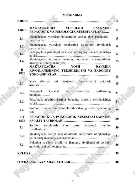 yoshdagi bolalarning har tomonlama sogʻlom va uygʻun rivojlanishini taʼminlash masalasi pedagogika va psixologiya fanlari doirasida muhim yoʻnalishlardan biri sifatida qaralmoqda. bolalik inson hayotining eng muhim bosqichlaridan bo‘lib, aynan shu davrda uning fiziologik, aqliy, ijtimoiy va ruhiy jihatdan shakllanishi sodir bo‘ladi. maktabgacha taʼlim bosqichida bolalarning yoshga doir pedagogik va psixologik xususiyatlarini chuqur o‘rganish, ularga mos tarbiyaviy yondashuvlarni aniqlash va sogʻlom rivojlanishni taʼminlashga qaratilgan strategiyalarni ishlab chiqish dolzarb ahamiyatga ega. ushbu yoʻnalish bola shaxsining har tomonlama yetuk shakllanishiga zamin yaratadi. kurs ishining maqsadi: maktabgacha yoshdagi bolalarning yoshga xos pedagogik va psixologik xususiyatlarini o‘rganish, ularning sogʻlom rivojlanishiga taʼsir etuvchi omillarni aniqlash hamda maktabgacha taʼlimda bolalar bilan ishlashda ushbu xususiyatlardan samarali foydalanish yondashuvlarini ishlab chiqish. kurs ishining vazifalari: i. maktabgacha yoshdagi bolalarning jismoniy, ruhiy va aqliy rivojlanish xususiyatlarini ilmiy asosda o‘rganish; ii. bola shaxsining shakllanishida psixologik omillarning rolini aniqlash; iii. pedagogik jarayonni bolalarning yosh va individual xususiyatlariga moslashtirish usullarini ishlab chiqish; iv. ota-onalar va …