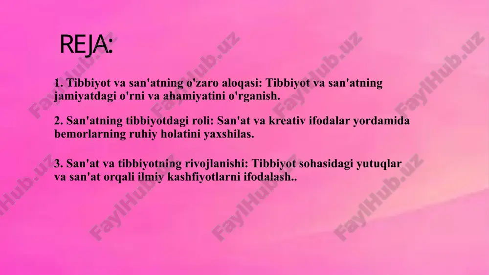 i kuchli vositalardir. 2. san'atning tibbiyotdagi roli: san'at va kreativ ifodalar yordamida bemorlarning ruhiy holatini yaxshilas. san’at tibbiyotda nafaqat estetik vosita, balki davolash usuli sifatida ham keng qo‘llanilmoqda. musiqa terapiyasi, rassomlik, haykaltaroshlik, raqs yoki drama orqali bemorlar o‘z his-tuyg‘ularini ifoda etib, ichki bosimdan xalos bo‘ladilar. bu ayniqsa, stress, depressiya, ruhiy tushkunlik yoki surunkali kasalliklardan aziyat chekayotgan bemorlar uchun muhimdir. shuningdek, bolalar va keksalar orasida o‘tkaziladigan art-terapiya mashg‘ulotlari ularning ruhiy holatini ko‘tarib, ijtimoiy moslashuvini osonlashtiradi. san’atning tibbiyotdagi roli inson ruhiyatiga ta’sir etuvchi kuchli vosita sifatida tobora ortib bormoqda. bemorlar kasallik davrida nafaqat jismoniy, balki ruhiy tushkunlikka ham duch keladilar. bunday paytda musiqani tinglash, surat chizish yoki ijodiy mashg‘ulotlarda ishtirok etish ularning ruhiy barqarorligini saqlashda katta yordam beradi. shifoxonalarda yaratilgan estetik muhit, bezakli devorlar, tinchlantiruvchi musiqalar ham bemorning ichki holatini yengillashtiradi. masalan, xronik kasallikka chalingan bemorlar uchun rasm chizish yoki qo‘l mehnatiga oid ijodiy mashg‘ulotlar dardni vaqtincha unutishga va hayotga umid bilan …