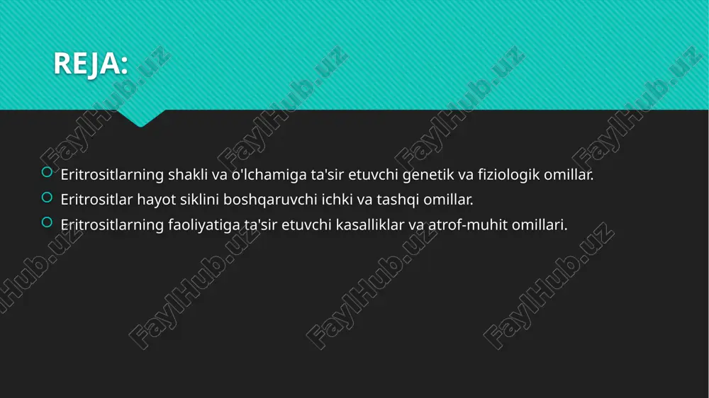 va qonning kimyoviy tarkibi bilan bog'liq. eritrositlarning hayot sikli asosan suyak iligida boshlangan eritropoez jarayoni bilan boshqariladi. bu jarayonni eritropoetin (epo) hormoni boshqaradi, bu esa asosan buyraklar tomonidan ishlab chiqariladi. epo darajasi kislorod miqdoriga qarab o'zgaradi, ya'ni gipoksiya (kislorod yetishmovchiligi) holatida epo ishlab chiqarilishi ortadi, bu esa ko'proq yangi eritrositlarning ishlab chiqarilishiga olib keladi. eritrositlar o'rtacha 120 kun davomida qon aylanishida bo'ladi, so'ngra ularning membranalari eskiradi va bu holatda ular selektiv ravishda jigar va miltda parchalanadi. tashqi omillar, masalan, atrof-muhit sharoitlari, organizmning fiziologik holati va turli kasalliklar, eritrositlarning hayot siklini o'zgartirishi mumkin. masalan, yuqori balandlikda yashovchi yoki intensiv jismoniy faoliyat bilan shug'ullanuvchi odamlarning tanasida kislorod etishmasligi sababli eritropoetin darajasi oshadi, bu esa eritrositlarning ishlab chiqarilishini ko'paytiradi. yana bir tashqi omil sifatida infektsiyalar yoki qonga zarar yetkazuvchi toksik moddalar eritrositlarning qisqarishiga yoki ularning funksiyasining buzilishiga olib kelishi mumkin. shuningdek, qonda temir yoki vitaminlar yetishmovchiligi eritrositlarning samarali ishlashini pasaytiradi va ularning hayot …