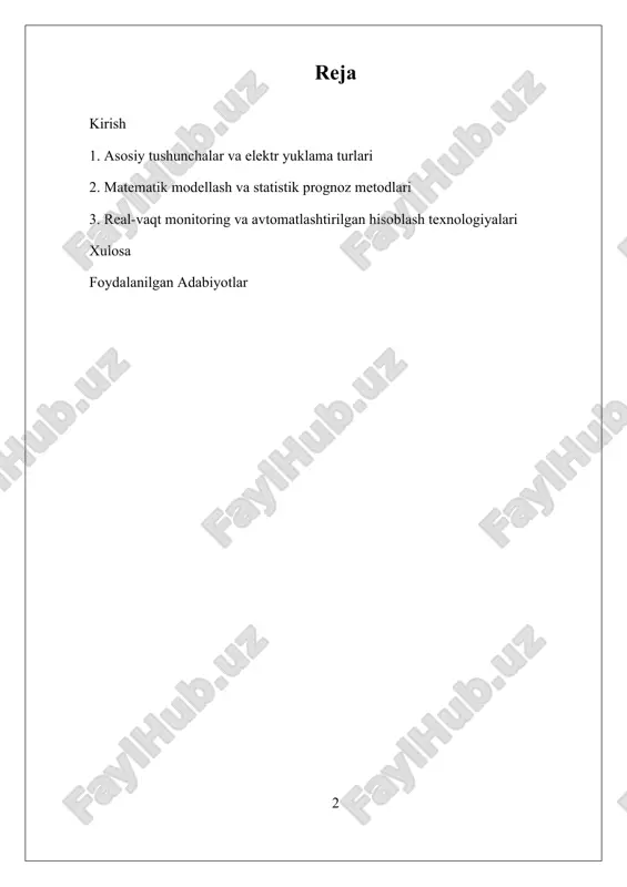 elajakdagi yuklamalar prognozini amalga oshirishga imkon beradi, bu esa energiya tizimlarining barqarorligini ta’minlashda muhimdir. matematik modellash esa, tizimning dinamik va statik holatlarini tahlil qilish uchun ishlatiladi. buning natijasida, tarmoqning o‘zaro bog‘liqliklari va yuklama o‘zgarishlarining ta’siri aniqroq tushuniladi. hozirgi vaqtda, ilmiy-tadqiqot institutlari va yirik kompaniyalar bu sohada faol ish olib bormoqda. big data, mashina o‘rganish va sun’iy intellekt texnologiyalari yordamida, yuklamalar va ularning o‘zgarishlarini yanada aniqroq prognoz qilish imkoniyati oshmoqda. i. asosiy tushunchalar va elektr yuklama turlari elektr yuklamalarni hisoblash usullari elektr muhandisligi va energetika sohalarida muhim o‘rin tutadi. bu usullar elektr tarmoqlarining samarali va xavfsiz ishlashini ta’minlash uchun zarur bo‘lib, elektr energiyasining uzatish va ta’minot tizimlarida yuklamalarni oldindan aniqlashda keng qo‘llaniladi. elektr yuklamalarni hisoblash usullari bir necha asosiy tushunchalar va metodlarni o‘z ichiga oladi va ular orqali tarmoqning quvvat talablari, oqimlar va kuchlanishlarning o‘zgarishlarini model qilish mumkin bo‘ladi. elektr yuklamalarini hisoblashda asosiy tushunchalar sifatida quvvat (kv, mw), oqim (a), kuchlanish …