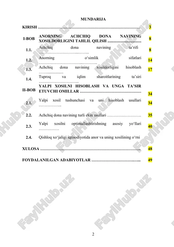yordamida fermerlar qaysi navlar yuqori hosil bera olishiga, ular uchun qaysi agrotadbirlar samarali bo'lishiga qaror qilishlari mumkin. bunda navlarning xususiyatlari, shuningdek, ularning ekish sharoitlari va iqlim o'zgarishlari kabi omillar hisobga olinadi. xosildorlikni hisoblashning dolzarbligi ayniqsa shundaki, zamonaviy qishloq xo'jaligi tadqiqotlarida intensiv ishlab chiqarishning barqarorligini ta'minlash va yuqori samaradorlikka erishish masalalari o'z muhimligini oshirmoqda. bu mavzu, anor yetishtirishda xarajatlarni kamaytirish, mahsulot sifatini yaxshilash, va eng muhimi, fermerlarning iqtisodiy barqarorligini saqlashda qo'llanilishi zarur. shu bilan birga, anorning yalpi hosilini xisoblashda ekin maydonining unumdorligi, suv resurslarining samarali ishlatilishi va pestitsidlar bilan ishlashda ehtiyotkorlik bilan qarashlar kiritilishi kerak. bu tahlil nafaqat iqtisodiy foydalarni baholash, balki ekologik barqarorlikni ta'minlashda ham muhim rol o'ynaydi. shunday qilib, anorning achchiq dona naviga oid xosildorlik va yalpi hosilni xisoblash, nafaqat iqtisodiy jihatlarni, balki ekotizimga ta'sirlarni ham o'rganishda katta ahamiyatga ega bo'ladi. anorning xosildorligini va yalpi hosilni xisoblash mavzusining dolzarbligi nafaqat fermerlar uchun, balki butun qishloq xo'jaligi sohasini modernizatsiya qilishda …
