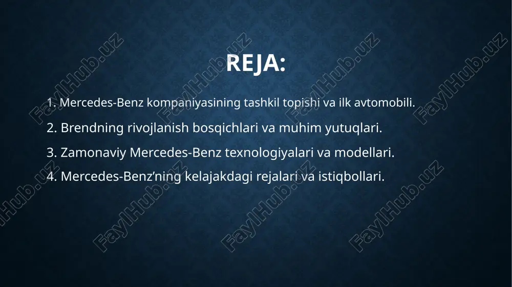 klar bilan ajralib tura boshladi. ularning ilk avtomobillari nafaqat dvigatel texnologiyasi, balki tashqi dizayn va xavfsizlik borasida ham o‘z davridan ancha ilgari bo‘lgan. patent-motorwagen modeli oddiy arava ko‘rinishida bo‘lsa-da, uning dvigateli va yurish tizimi zamonaviy avtomobillar uchun poydevor bo‘lib xizmat qildi. karl benzning turmush o‘rtog‘i bertha benz 1888-yilda ushbu avtomobil bilan tarixiy sayohatni amalga oshirib, avtomobilning ishonchliligini amalda isbotladi. bu voqea nafaqat benz uchun, balki butun avtomobil sanoati uchun muhim burilish nuqtasi bo‘ldi. mercedes-benz keyinchalik dunyodagi eng mashhur va nufuzli avtomobil brendlaridan biriga aylandi. 2. brendning rivojlanish bosqichlari va muhim yutuqlari. mercedes-benz brendi tarix davomida avtomobilsozlik sohasida ko‘plab muhim bosqichlarni bosib o‘tdi. 1930-yillarda kompaniya o‘zining birinchi zamonaviy dizaynli va yuqori tezlikda harakatlana oladigan avtomobillarini ishlab chiqardi. ular nafaqat jozibador ko‘rinishga ega edi, balki texnik jihatdan ham o‘z davri uchun ilg‘or hisoblangan. ikkinchi jahon urushi davrida kompaniya harbiy texnikalar ishlab chiqishga e’tibor qaratdi, urushdan so‘ng esa fuqarolik avtomobillarini qayta tiklashga kirishdi. …