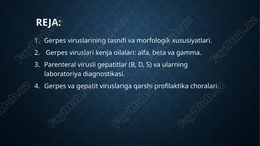 da yashash qobiliyatini saqlab qoladi. ular asosan past harorat va nam muhitda uzoqroq saqlanadi, yuqori harorat, quritish va dezinfeksiyalovchi vositalarga nisbatan sezgir hisoblanadi. virus hujayraga spikullari yordamida yopishadi, qobig‘i bilan hujayra membranasi birlashadi va dnk virus yadrosiga kirib, hujayra mexanizmlaridan foydalanib ko‘payishni boshlaydi. ko‘payish jarayonida yangi virus zarralari yig‘iladi va hujayra membranasidan o‘tib, tashqariga chiqadi. natijada hujayra shikastlanadi va yallig‘lanish jarayonlari yuzaga keladi. gerpes viruslari kenja oilalari: alfa, beta va gamma. alphaherpesvirinae kenja oilasi vakillari tez o‘sish xususiyatiga ega bo‘lib, asosan asab tugunlarida yashirin holda saqlanadi. bu guruhga herpes simplex virus 1 (hsv-1), herpes simplex virus 2 (hsv-2) va varicella-zoster virus kiradi. hsv-1 odatda lab va yuz sohasida infeksiya chaqirsa, hsv-2 jinsiy a’zolar atrofida toshmalar va og‘riqli yaralar keltirib chiqaradi. varicella-zoster virus esa suvchechak va zona kasalliklarining rivojlanishiga sabab bo‘ladi. betaherpesvirinae kenja oilasi vakillari sekin o‘sadi va hujayralarda uzoq muddat yashirin holatda qoladi. bu guruhga cytomegalovirus (cmv), human herpesvirus 6 …