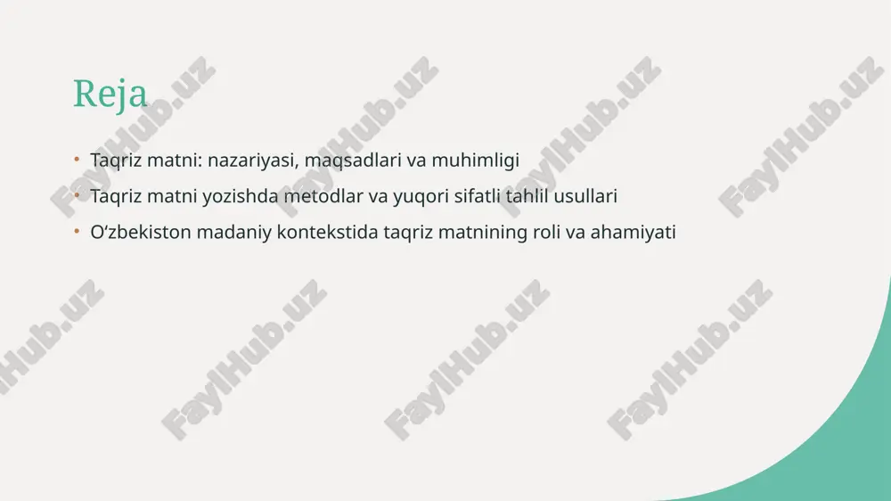 kengaytiradi. 4 madaniyat va baholash madaniyat va an’analarga asoslangan taqriz matni, fikr va baholash jarayonlarida xalq ma’naviyatini, ijodiy yondashuvlarni va ijtimoiy fikrlarni uyg‘unlashtiradi. taqriz matni yozishda analitik metodlarning asosiy tamoyillari 01 kritikal fikrlash asoslari taqriz matni yozishda kritikal fikrlash muhim rol o’ynaydi. bu metod yordamida asarni tahlil qilib, muallif fikrlarini aniqlash va baholash mumkin. 02 manba va kontekstni tahlil qilish analitik metodda manba va kontekstni chuqur o’rganish zarur. bu asarda qanday ma’lumotlar va fikrlar mavjudligini, ularning ilmiy va madaniy muhit bilan bog’liqligini aniqlashga yordam beradi. 03 muammo va muhokama qilish asardagi muhim muammolarni aniqlash va ularni muhokama qilish analitik metodning asosiy tamoyillaridan. bu tahlil muallif fikrlarining kuchini va izchilligini baholash imkonini beradi. sifatli tahlil uchun metodik yondashuvlar va ularning qo'llanilishi 01 analitik metodlar taqriz matnini sifatli tahlil qilish uchun statistik, kontent va kontekstual metodlar qo‘llaniladi. bu yondashuvlar muallif fikrlarini chuqur tushunishga yordam beradi. 02 kritika va baholash kritika usullari yordamida …