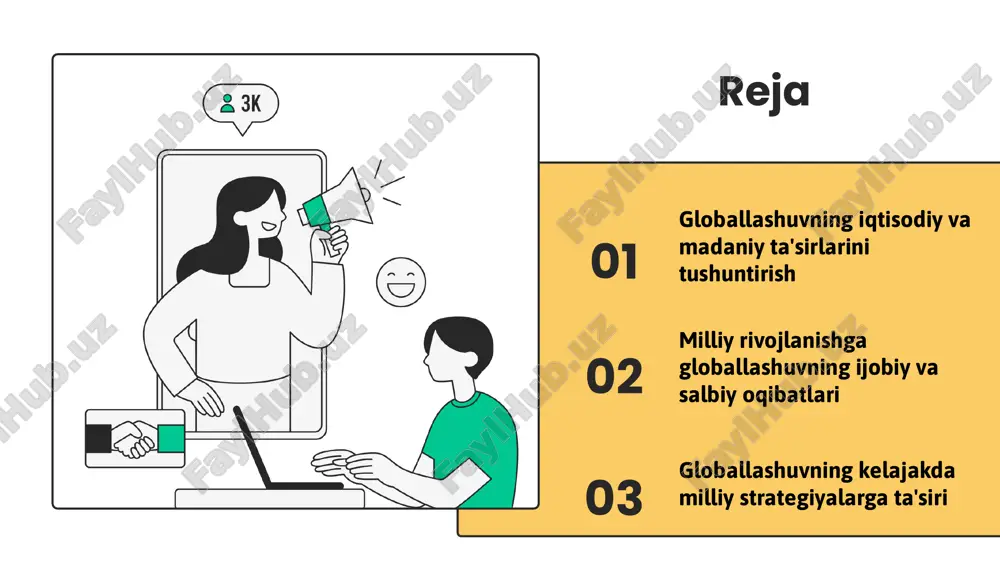 qaror o'sishni ta'minlaydi. savdo va investitsiyalar globallashuv jarayonida xalqaro savdo hajmi sezilarli darajada oshdi. bu, ayniqsa, erkin savdo zonalari va bojxona tariflarining kamayishi bilan bog‘liq. masalan, wto a’zolari savdo to‘siqlarini pasaytirish orqali o‘zaro iqtisodiy aloqalarni kengaytirmoqda. investitsiyalar oqimlari, ayniqsa, chet el direct investitsiyalari (cdi), milliy iqtisodiyotlarni rivojlantirishda muhim rol o‘ynaydi. ular yangi texnologiyalar va boshqaruv tajribasini olib kiradi, ishlab chiqarishni kengaytiradi va ish o‘rinlarini yaratadi. xitoy va yaponiyaning yevropaga qilgan investitsiyalari iqtisodiy rivojlanishga katta ta'sir ko‘rsatdi. xalqaro savdo va investitsiya oqimlarining o‘zaro ta’siri global iqtisodiy barqarorlik va rivojlanishga xizmat qiladi. biroq, bu jarayonlar milliy siyosatlarni, moliyaviy barqarorlikni va iqtisodiy siyosatlarni muvofiqlashtirishni talab qiladi. shuningdek, investitsiyalarni boshqarish va savdo siyosatining ochiqligi muhimdir. madaniy almashuv va ta'sirlar madaniy almashuvning ijobiy ta'sirlari orasida yangi madaniy tajribalar, ijodkorlik va global hamkorlikning rivojlanishi bor. bu jarayon mahalliy an'analarni boyitishi, turli madaniyatlar o'rtasida tushunishni kuchaytirishi mumkin. salbiy ta'sirlarga esa, mahalliy madaniyatlarning yo'qolishi, homogenizatsiya va asl an'analarining …