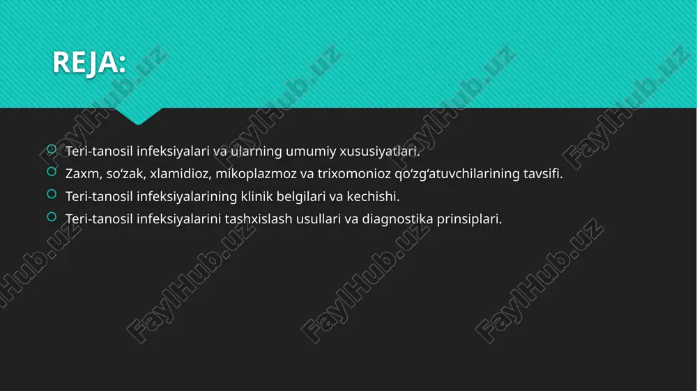 qi belgilarsiz o‘tishi mumkinligi sababli ko‘plab hollarda kech aniqlanadi. bu infeksiyalar odatda jinsiy a'zolarda, og‘iz bo‘shlig‘ida yoki anal sohada shikastlanishlarga olib keladi. tashqi alomatlar paydo bo‘lishi bilan birga, umumiy holsizlik, isitma va limfa tugunlarining kattalashuvi ham kuzatiladi. ba'zi infeksiyalar, masalan, zaxm va xlamidioz, uzoq muddat davolanmasa, ichki a'zolar, suyaklar va asab tizimiga zarar yetkazishi mumkin. shu sababli teri-tanosil infeksiyalarining erta tashhisi va davosi sog‘liqni saqlashning muhim yo‘nalishlaridan biri hisoblanadi. zaxm, so‘zak, xlamidioz, mikoplazmoz va trixomonioz qo‘zg‘atuvchilarining tavsifi. zaxm kasalligi treponema pallidum bakteriyasi tomonidan qo‘zg‘atiladi, u organizmga shilliq qavatlar orqali kiradi va butun tana bo‘ylab tarqaladi. so‘zak kasalligi esa neisseria gonorrhoeae bakteriyasi bilan yuzaga keladi, bu bakteriya jinsiy a'zolar, siydik chiqarish yo‘llari va ko‘z shilliq qavatini zararlaydi. xlamidioz infeksiyasining qo‘zg‘atuvchisi chlamydia trachomatis bo‘lib, u ko‘pincha yashirin tarzda rivojlanadi va reproduktiv tizimga zarar yetkazadi. mikoplazmoz mycoplasma hominis va mycoplasma genitalium mikroorganizmlari bilan chaqiriladi. zaxm kasalligi dastlab birlamchi qattiq yara (qattiq shankr) bilan …