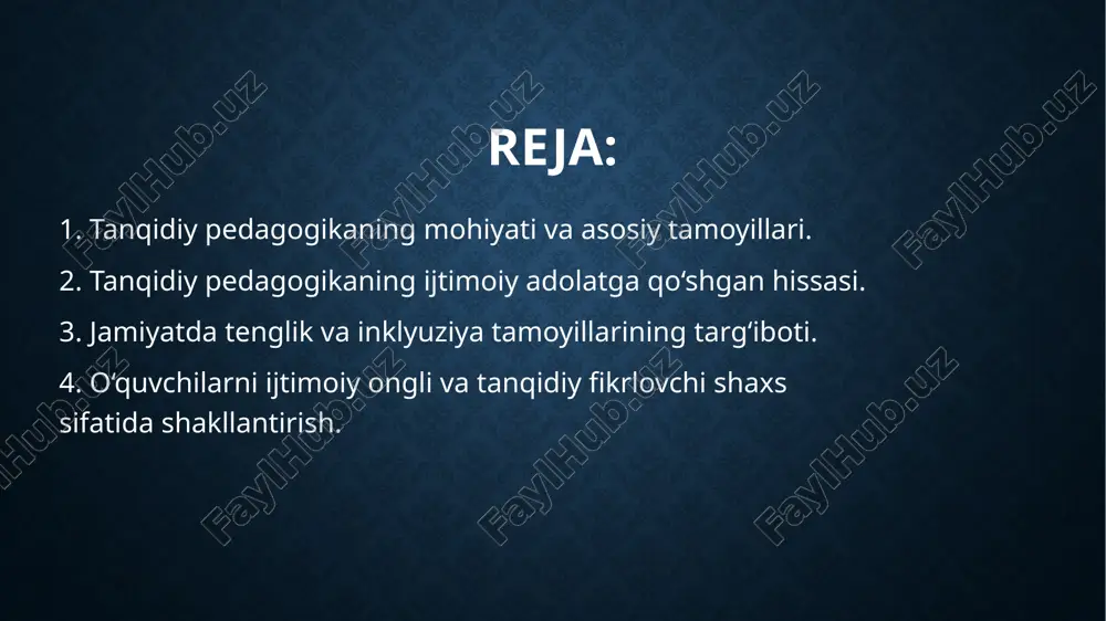 htirok etishga chorlaydi. tanqidiy pedagogika nafaqat o‘quv dasturining mazmuniga, balki ta’lim jarayonining o‘ziga ham e’tibor qaratadi. u darsliklarda, o‘quv rejalari va metodikalarda yashiringan ijtimoiy mafkuralarni tahlil qilishni, o‘qituvchining rolini qayta ko‘rib chiqishni va o‘quvchining shaxsiy hayot tajribasini asosiy manba sifatida tan olishni taklif qiladi. shu bois tanqidiy pedagogikada o‘quvchilar savollar berishga, mavjud fikrlarni shubha ostiga olishga, muqobil nuqtai nazarlarni tahlil qilishga va yangi yechimlar topishga o‘rgatiladi. tanqidiy pedagogika doirasida ta’lim jarayoni statik emas, balki dinamik va doimiy o‘zgarishga tayyor bo‘lgan tizim deb qaraladi. u jamiyatdagi nohaqliklarni ko‘rish va unga befarq bo‘lmaslikni o‘rgatadi. bu yondashuvda o‘qituvchi faqat dars o‘taydigan emas, balki o‘quvchilar bilan birga o‘rganadigan, ular fikriga quloq soladigan va o‘zini ham rivojlantiradigan shaxs bo‘lishi kerak. tanqidiy pedagogikada ijtimoiy tenglik, inson huquqlari, demokratiya, madaniy xilma-xillikka hurmat kabi qadriyatlar muhim o‘rin tutadi. bu qadriyatlar orqali o‘quvchilar o‘z shaxsini to‘liq anglaydi, o‘z madaniy ildizlariga hurmat bilan qaraydi va boshqalarning farqli tajribalarini qadrlaydi. shu …