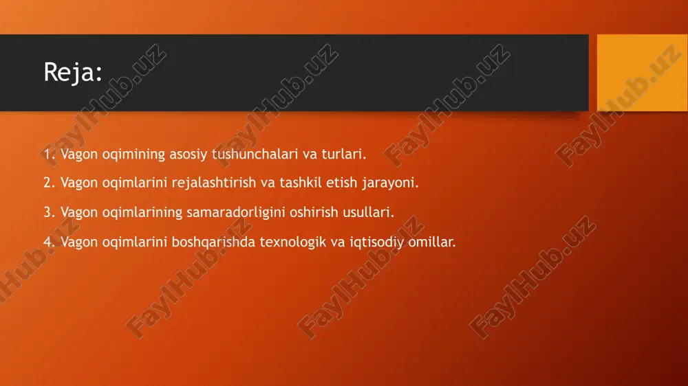 a tashishning samaradorligini oshiradi. vagonlar yuk bilan to'ldirilgan holda bir joydan ikkinchi joyga jo'natiladi va bu jarayon, albatta, ma'lum vaqt va rejalashtirishni talab qiladi. yo'lovchi vagon oqimi — yo'lovchi tashish uchun mo'ljallangan vagonlarning harakatini ifodalaydi. bu oqim temir yo'l tizimida juda muhim rol o'ynaydi, chunki bu xizmat yo'lovchilarni muayyan manzilga yetkazish uchun javobgar. yo'lovchi vagonlari har doim ma'lum bir jadval asosida harakat qiladi, va stansiyalar orasidagi transportning to'g'ri tashkil etilishi hamda ular orasidagi vaqt farqlari muhim hisoblanadi. 2. vagon oqimlarini rejalashtirish va tashkil etish jarayoni. birinchi bosqichda, oqimni rejalashtirish uchun kerakli ma'lumotlar to'planadi. bu ma'lumotlar orasida yuk yoki yo'lovchilar soni, vagonlarning turli qismlariga talab, ularning joylashuvi va tayyorlanishi haqida ma'lumotlar bo'ladi. rejalashtirish jarayonida, har bir vagon oqimi uchun transportning optimal yo'nalishlari va samarali yo'naltirilishi tahlil qilinadi. bunday tahlillar orqali, vagonlar qayerdan qayerga jo'natilishi kerakligini aniqlash va ularning manzillari, jadvali va tashish shartlari belgilanadi. ikkinchi bosqichda, vagon oqimlarining taqsimlanishi amalga oshiriladi. …