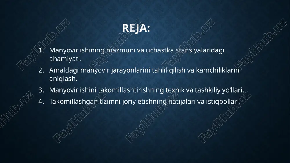 ligini ta'minlashdir. uchastka stansiyalarida bu jarayon ayniqsa murakkab va muhim bo‘lib, ko‘plab yo‘nalishlardagi harakatlar aynan shu yerda muvofiqlashtiriladi. samarali manyovir ishlarini tashkil etish orqali vaqt tejaladi, ishchi kuchi va texnik vositalar unumli ishlatiladi, shu bilan birga, vagonlarning ortiqcha to‘planib qolishining oldi olinadi. bundan tashqari, to‘g‘ri rejalashtirilgan manyovir harakatlari orqali stansiyadagi harakat grafigi izchil va xavfsiz yuritiladi. amaldagi manyovir jarayonlarini tahlil qilish va kamchiliklarni aniqlash. amaldagi manyovir jarayonlarini tahlil qilish uchastka stansiyalarida harakatning samaradorligi va xavfsizligini baholash uchun muhim bosqich hisoblanadi. bu tahlil orqali vagonlar harakati, ularga xizmat ko‘rsatish va joylashtirishda yuzaga kelayotgan muammolar aniqlanadi. ko‘p hollarda manyovir ishlarida qo‘lda boshqarishning ustunligi, zamonaviy texnika va avtomatlashtirilgan tizimlarning yetishmasligi kuzatiladi. shuningdek, vagonlarni saralashda noto‘g‘ri rejalashtirish, operatorlar orasida uzviy aloqaning sustligi va ish jarayonidagi takroriy harakatlar samaradorlikka salbiy ta’sir ko‘rsatadi. manyovir yo‘llarining yetarli darajada texnik holatda bo‘lmasligi, signalizatsiya tizimlarining eskirganligi ham kamchiliklar sirasiga kiradi. amaldagi manyovir jarayonlarini tahlil qilish natijasida ko‘plab kamchiliklar aniqlanadi, …
