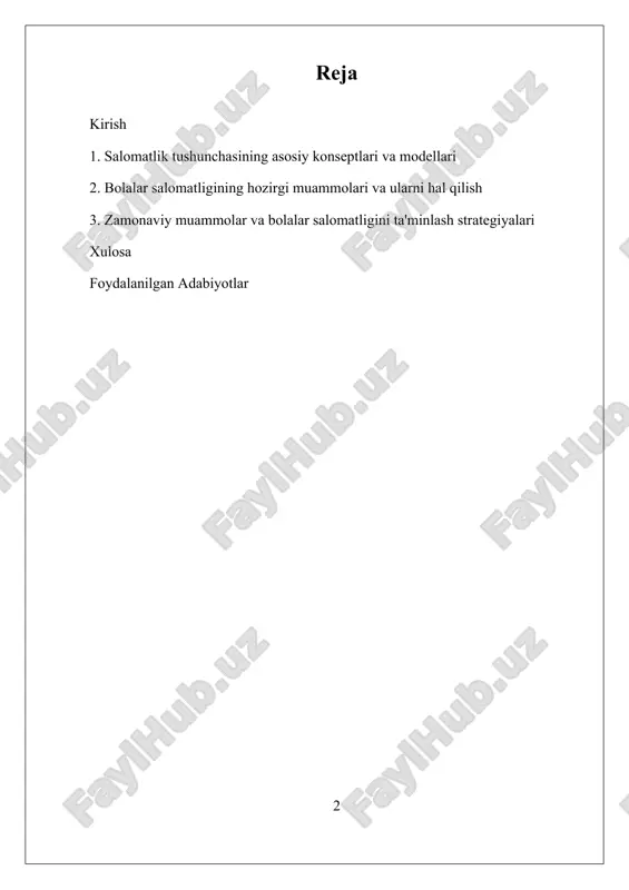 zimlarining muhimligini yana bir bor namoyish etdi. bu muammolarni hal qilish uchun ilg‘or ilmiy tadqiqotlar, davlat siyosatlari va sog‘liqni saqlash tizimlarining samarali boshqarilishi zarur bo‘lib, ularning asosiy maqsadi bolalar salomatligini yaxshilash, muhofaza qilish va rivojlantirishdan iboratdir. ushbu maqsadlar uchun keng qamrovli, integratsiyalashgan yondashuvlar, nafaqat tibbiy xizmatlarni takomillashtirish, balki ta’lim, ijtimoiy yordam va muhitni yaxshilash chora-tadbirlarini ham o‘z ichiga oladi. bu esa, bolalar salomatligini ta’minlashda ilg‘or texnologiyalar va innovatsion yondashuvlarni qo‘llashni talab etadi. i. salomatlik tushunchasining asosiy konseptlari va modellari salomatlik tushunchasi inson hayotining eng muhim va keng qamrovli konseptlaridan biri bo‘lib, uning mohiyati insonning jismoniy, ruhiy va ijtimoiy farovonligini ta’minlashdir. bu tushuncha tarix davomida turli madaniyatlar va zamonlarga mos ravishda shakllangan bo‘lsa-da, xxi asrda jahon sog‘liqni saqlash tashkiloti (who) tomonidan belgilangan ta’rif eng keng qamrovli va qabul qilingan shaklidir. who ga ko‘ra, salomatlik – bu faollik bilan jismoniy, ruhiy va ijtimoiy jihatdan to‘liq farovonlik holati bo‘lib, bu nafaqat kasalliklarning yo‘qligi, …