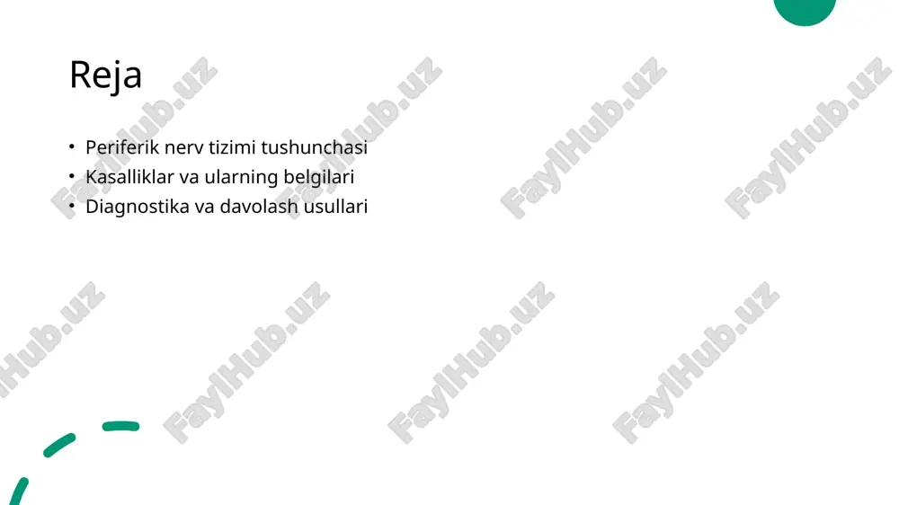 iklarini diagnostika qilishda zamonaviy usullar. 1 elektromiyografiya elektromiyografiya (emg) nervlar va mushaklarning faoliyatini o'rganadi, ularning zararlanish darajasini aniqlashga yordam beradi. bu usul klinikada keng qo'llaniladi. 2 nerv ultratovushlari nerv ultratovushlari nervlarning tuzilishini va funksiyasini ko'rsatadi. ular nerv zararlanishining o'ziga xos xususiyatlarini aniqlashda samarali usuldir. 3 laboratoriya testlari laboratoriya testlari, masalan, qon tahlillari, infektsiyalar yoki metabolik kasalliklarni aniqlashda yordam beradi. bular nerv kasalliklarini diagnostika qilishda muhim ahamiyatga ega. neuropatik og'riqlarni davolashda innovatsion yondashuvlar. 01 innovatsion dorilar neuropatik og'riqlarni davolashda yangi dorilar, masalan, gabapentin va pregabalin, nerv tizimini tinchlantiradi va og'riqni kamaytiradi. 02 fizik terapiya fizik terapiya innovatsion usullar bilan, masalan, akupunktur va massaj, nevropatik og'riqlarni boshqarishda samarali yordam beradi va harakatni yaxshilaydi. 03 elektr stimulyatsiya elektr stimulyatsiya, masalan, transkutan elektr nerv stimulyatsiyasi (tens), og'riq signalini bloklaydi va bemorlarning qulayligini oshiradi. xulosa 01 periferik nerv tizimining ahamiyati periferik nerv tizimi harakat va sezgi funksiyalarini ta'minlab, tananing boshqa qismlaridan markaziy nerv tizimiga signal …