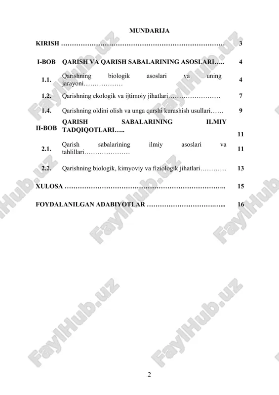 hbu jarayonlarning biologik, kimyoviy, fiziologik, psixologik va ekologik ta'sirlarini o‘rganish va ularni inson hayotiga ta'sirini tahlil qilish. kurs ishining predmeti: qarish sabalarining ilmiy asoslari, ularning biologik, kimyoviy va fiziologik jarayonlari va qarish jarayonining ijtimoiy va psixologik jihatlari. kurs ishining metodologik asosi: qarish sabalarini ilmiy o‘rganishda biopsixologik va ekologik yondoshuvlar qo‘llaniladi. bu jarayonlar tibbiy, ekologik va psixologik tadqiqotlar orqali o‘rganilib, qarishning oldini olish yoki uni kechiktirishga doir metodlar ishlab chiqiladi. kurs ishining amaliy ahamiyati: qarishning sabablari va jarayonlarini o‘rganish, inson organizmining qarish jarayonini tushunishga yordam beradi va yangi tibbiy, psixologik va ekologik yondoshuvlarni ishlab chiqish imkoniyatlarini yaratadi. bu esa sog'liqni saqlash, tibbiy davolash va ekologik barqarorlikni ta'minlashda muhim ahamiyatga ega. i-bob qarish va qarish sabalarining asoslari. 1.1. qarishning biologik asoslari va uning jarayoni. qarish – bu organizmda vaqt o'tishi bilan sodir bo'ladigan biologik o'zgarishlar majmuasidir. bu jarayon organizmning funksional qobiliyatlarining kamayishi, fiziologik jarayonlarning sekinlashuvi va oxir-oqibatda biologik tizimlarning o'limiga olib keladigan …