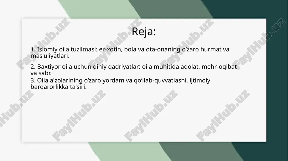 ini va mas'uliyatlarini bilib, bir-biriga adolatli munosabatda bo‘lishi lozim. er va xotin o‘rtasida tenglik va o‘zaro hurmat bo‘lishi, farzandlar uchun adolatli tarbiya berilishi zarur. bu qadriyatlar oila ichidagi muvozanatni saqlashga yordam beradi. mehr-oqibat esa oiladagi aloqalarni mustahkamlash uchun asosiy tamoyil hisoblanadi. islomda er-xotin o‘rtasidagi mehr va muhabbat, oila a'zolarining bir-biriga mehribonligi, oilaning baxti uchun zarurdir. shuningdek, farzandlarga mehr ko‘rsatish, ularni o‘stirishda eng muhim omillardan biridir. bu oila muhitida tinchlik, baxt-saodat va farovonlikni yaratadi. sabr esa oila ichidagi qiyinchiliklarga duch kelganda muhim ahamiyatga ega. islom sabrni oila a'zolariga to‘g‘ri yo‘l ko‘rsatish, jahl va qasaddan saqlanish uchun muhim fazilat deb biladi. oila a'zolari bir-biriga qiyin paytlarda yordam berish, bir-birining mas'uliyatlarini yengillik bilan qabul qilish va sabr bilan muammolarni hal qilishlari kerak. etiboringiz uchun rahmat! image1.png