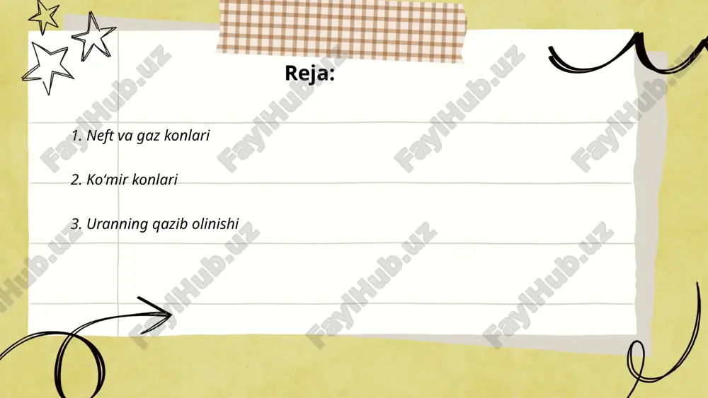 ranning qazib olinishi sanoati global miqyosda muhim ahamiyatga ega. 2021-yilda dunyo bo'ylab jami 47,731 tonna uran qazib olindi. qozog'iston, kanada va avstraliya ushbu qazib olishda yetakchi davlatlardir; qozog'iston 21,819 tonna bilan eng katta ulushga ega. uran asosan ochiq konlarda va yer osti konlaridan chiqadi. 2020-yilda global uran zaxiralari 6 million tonnaga baholangan. qazib olish jarayonida in-situ leaching usuli keng qo'llaniladi, bu esa atrof-muhitga ta'sirini kamaytirishga yordam beradi. uran atom elektr stansiyalarida yoqilg'i sifatida ishlatiladi va u global elektr energiyasining 10% dan ortig'ini ta'minlaydi. o'zbekistonda "navoiyuran" korxonasi ushbu sohada faoliyat yuritmoqda. ... t.me/slaydai_bot 4. mis konlari mis konlari (mis rudalari) dunyodagi eng muhim sanoat resurslaridan biridir. dunyoda eng yirik mis konlari chilida joylashgan bo'lib, mis ishlab chiqarish bo'yicha yetakchi mamlakat hisoblanadi. konlarning katta qismi o'rtacha 0,5% dan 2% gacha mis konsentratsiyasiga ega. misning asosiy rudalari xalcopyrite, bornit va xalcocit hisoblanadi. ayrim yirik mis konlari, masalan, escondida (chili) va grasberg (indoneziya) dunyodagi …