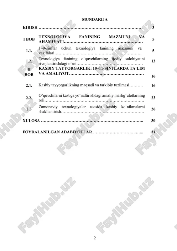 tanlaydilar, o‘z qiziqishlarini aniqlaydilar, kelajakdagi faoliyatlariga tayyorgarlik ko‘radilar. bunday yondashuv o‘quvchilarning hayotda o‘z o‘rnini topishi va kasbiy jihatdan to‘g‘ri qaror qabul qilishiga zamin yaratadi. kurs ishining maqsadi: mazkur kurs ishining asosiy maqsadi – texnologiya fanining 1–9-sinflardagi mazmunini, o‘quvchilarda shakllanadigan ko‘nikmalarni hamda 10–11-sinflarda kasbiy tayyorgarlik yo‘nalishining ahamiyati va samaradorligini tahlil qilishdan iborat. kurs ishining vazifalari: texnologiya fanining ta’limdagi o‘rnini aniqlash, mavjud o‘quv dasturlarini tahlil qilish, dars jarayonida qo‘llanilayotgan metodik yondashuvlarni o‘rganish, o‘quvchilarning amaliy ko‘nikmalarini shakllantirish usullarini tavsiflash, kasbga yo‘naltirishdagi samarali uslublarni ko‘rsatish, zamonaviy texnologiyalardan foydalanish imkoniyatlarini ochib berish kurs ishining asosiy vazifalarini tashkil etadi. kurs ishining obyekti: umumta’lim maktablarida texnologiya fanining o‘qitilish mazmuni, kasbiy tayyorgarlik tizimi va ta’lim jarayonida foydalaniladigan uslublar kurs ishining asosiy obyektidir. kurs ishining predmeti: texnologiya fanini o‘qitish jarayonidagi pedagogik yondashuvlar, dars mazmuni, amaliy mashg‘ulotlar, kasbiy yo‘naltirishning tashkil etilishi va o‘quvchilarning individual qiziqishlariga asoslangan faoliyat turlari kurs ishining asosiy predmetini tashkil etadi. kurs ishining metodologik asosi: pedagogik tadqiqotlar, …