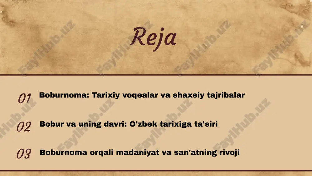 q bayon etadi. boburning sayohatlari asarda muhim o'rin tutadi. u ko'plab mamlakatlarni, madaniyatlarni va insonlarni uchratgan, bu esa uning fikr va qarashlariga ta'sir ko'rsatgan. shaxsiy his-tuyg'ulari asarda juda kuchli ifodalangan. bobur ba'zan xursand, ba'zan esa g'amgin bo'lib, o'zining ichki kurashlarini ochib beradi. boburning o'ziga xos qarashlari, masalan, urush va tinchlik, adolat va zulm kabi mavzular asarda muhim o'rin tutadi. u o'z fikrlarini ochiq bayon etadi. boburnoma: asarning ta'siri va merosi boburnoma asari markaziy osiyo va hindiston tarixida muhim ahamiyatga ega. u o'z davrining madaniyati, urf-odatlari va ijtimoiy hayotini yoritadi, bu orqali bobur o'z hayoti va tajribalari haqida keng ma'lumot beradi. asar keyingi avlodlarga ilhom manbai bo'lib xizmat qiladi, yoshlarni o'z maqsadlariga erishishda ruhlantiradi va tarixiy shaxslar haqida bilim beradi. boburnoma boshqa adabiy asarlarga, xususan, o'zbek va hind adabiyotiga ta'sir ko'rsatgan. u ko'plab yozuvchilar uchun ilhom manbai bo'lib qoldi. bugungi kunda boburnoma ilmiy tadqiqotlar uchun muhim manba sifatida o'rganilmoqda, uning o'rganilishi …