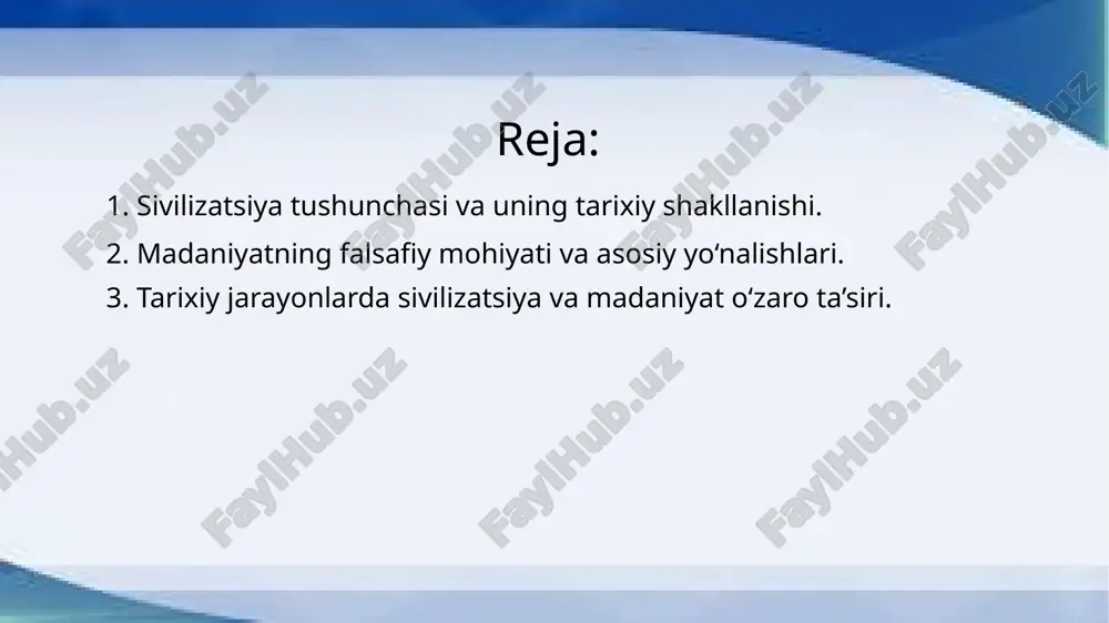 ‘z ichiga oladi. u nafaqat san’at va ilm-fanning yuksalishi, balki insoniyatning o‘zini anglash, jamiyatdagi o‘rni va maqsadini tushunish jarayonida paydo bo‘lgan qadriyatlar tizimidir. madaniyat falsafasi inson hayotining maqsadi, ahamiyati va muammolarini o‘rganadi, uning asosiy masalalaridan biri — insonning o‘zligi, erkinligi, axloqi va ijtimoiy munosabatlardagi roli. madaniyatning falsafiy mohiyati insoniyatning ma'naviy, axloqiy va intellektual taraqqiyoti bilan chambarchas bog‘liqdir. u insonning o‘zligini anglash, axloqiy qadriyatlarni shakllantirish, dunyo va o‘z-o‘ziga munosabatini tushunish jarayonida paydo bo‘lgan g‘oyalar va tizimlar yig‘indisidir. madaniyat falsafasi jamiyatda shakllangan axloqiy, estetik, ilmiy va ijtimoiy qadriyatlar asosida insonning dunyoqarashini, turmush tarzini va o‘z o‘rnini belgilaydi. u, shuningdek, insoniyatning o‘ziga xos faoliyatini, san'atni, ilm-fanni va boshqa ma'naviy qadriyatlarni tushunishga xizmat qiladi. madaniyatning falsafiy mohiyati shundaki, u har bir insonning ma'naviy taraqqiyotiga, uning jamiyatda qanday o‘zgarishlar va rivojlanishlarni amalga oshirishiga ta'sir etadi. madaniyatning asosiy yo‘nalishlari bir-biriga bog‘liq va ular insoniyatning turli sohalardagi rivojlanishiga ta'sir ko‘rsatadi. bularning ichida estetik qadriyatlar, go‘zallik, san’at va …