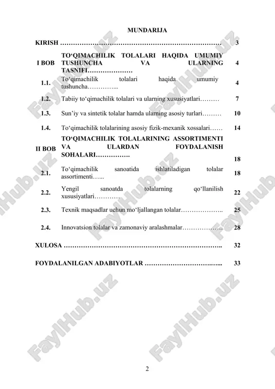 hda dolzarb ahamiyatga ega. ayniqsa, tabiiy resurslardan oqilona foydalanish va qayta tiklanadigan manbalarga e’tibor ortib borayotgan hozirgi sharoitda to‘qimachilik tolalari assortimenti va ularni tasniflash masalasi dolzarb bo‘lib bormoqda. kurs ishining maqsadi: ushbu kurs ishining asosiy maqsadi – to‘qimachilik tolalari haqida umumiy tushuncha berish, ularning turlari, tasnifi va assortimenti bilan tanishtirishdan iborat. kurs ishida to‘qimachilik tolalarining kelib chiqishi, tarkibi, fizik-mexanik xossalari va ishlatilish sohalari batafsil tahlil qilinadi. shuningdek, tabiiy, sun’iy va sintetik tolalarning o‘zaro farqlari, har bir turdagi tola namunalarining afzalliklari va kamchiliklari, ularning to‘qimachilik sanoatidagi o‘rni o‘rganiladi. kurs ishining obyekti: kurs ishining obyekti sifatida to‘qimachilik sanoatida qo‘llaniladigan turli xil tabiiy, sun’iy va sintetik tolalar olinadi. ushbu tolalarning xususiyatlari, tasnifi va ularning assortimenti o‘rganish obyekti sifatida tanlanadi. bundan tashqari, to‘qimachilik tolalarining zamonaviy ishlab chiqarish jarayonidagi roli, ularga qo‘yiladigan sifat talablari, hamda ilg‘or xorijiy tajriba asosida yaratilgan yangi turdagi tolalar kurs ishining asosiy o‘rganish obyekti hisoblanadi. i bob. to‘qimachilik tolalari haqida umumiy …