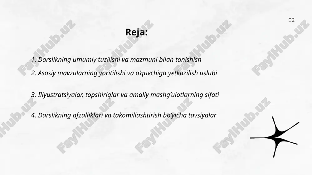 ga oid qisqa kirish, so‘ng asosiy tushunchalar va yakunida mustahkamlash uchun mashqlar joy olgan. bu tuzilma o‘quvchilarga yangi bilimlarni bosqichma-bosqich o‘zlashtirish imkonini beradi. darslikdagi sahifalar ko‘zni toliqtirmaydigan uslubda bezatilgan, har bir sahifa mazmunan boy va did bilan tanlangan. mavzular orasidagi mantiqiy bog‘liqlik o‘quvchilarning darslikni izchil o‘rganishlariga yordam beradi. shuningdek, mavzularda tajriba va amaliy mashg‘ulotlarga alohida e’tibor berilgan, bu esa o‘quvchilarning bilimini amaliyot bilan bog‘lashda muhim ahamiyat kasb etadi. ... t.me/slaydai_bot 2. asosiy mavzularning yoritilishi va o‘quvchiga yetkazilish uslubi darslikdagi asosiy mavzular oddiy, tushunarli va sodda tilda bayon etilgan bo‘lib, 4-sinf o‘quvchisining aqliy darajasiga mos tarzda ishlab chiqilgan. har bir mavzu kundalik hayotdagi misollar bilan boyitilgan, bu esa o‘quvchilarning bilimlarni hayot bilan bog‘lashiga yordam beradi. mavzularni tushuntirishda savol-javoblar, rasmli izohlar, jadvallar va tajribalar keng qo‘llanilgan. shuningdek, har bir yangi tushuncha avvalgi bilimlarga tayangan holda bosqichma-bosqich yoritilgan. o‘quvchining faol ishtirokini ta’minlash uchun darslikda “fikrla”, “kuzat”, “taqqosla” kabi topshiriqlar berilgan. bu yondashuv o‘quvchining …