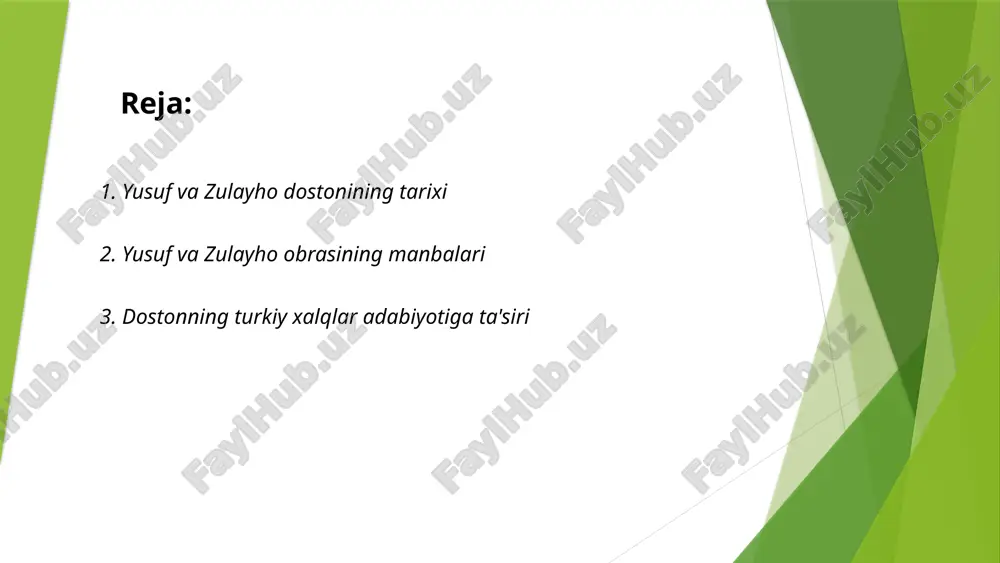 ifatida xizmat qilgan. dostonlar, ko‘pincha epik xarakterda bo‘lib, har bir turkiy xalqning o‘ziga xos urf-odatlari, an'analari va tarixini aks ettiradi. ular, ayniqsa, qahramonlik, vatanparvarlik va oila qadriyatlarini ulug‘laydi. ushbu dostonlarning matnlari, ko‘pincha qo‘lma-qo‘l yozilib yoki og‘zaki tarzda biri-biriga o‘tgan va har safar ijrochilari tomonidan boyitilib, yangicha talqinlar bilan boyitilgan. ... 4. yusuf va zulayho dostoni va tasavvuf g‘oyalari "yusuf va zulayho" dostoni tasavvuf g‘oyalari bilan boyitilgan asarlardan biridir. bu asar alisher navoiy tomonidan yozilgan bo‘lib, unda payg‘ambar yusufning hikoyasi tasavvufiy nuqtai nazardan talqin etilgan. dostonda yusufning go‘zallik, sabr, va fojealar orqali ruhiy yuksalishi tasvirlangan. zulayho esa insonning nafs bilan kurashi va huzur topish yo‘lida o‘zgarishi orqali ilohiy muhabbatni anglashi ko‘rsatilgan. tasavvufiy motivlar, masalan, ilohiy ishq, sabr va komillikni maqsad qilish kabi elementlar dostonda chuqur ifoda etilgan. asar 15-asrda yozilgan bo‘lib, o‘zbek adabiyoti va tasavvuf an'analarida muhim o‘rin egallaydi. ... alisher navoiy buyuk o‘zbek shoiri va mutafakkirdir, uning "yusuf va zulayho" …