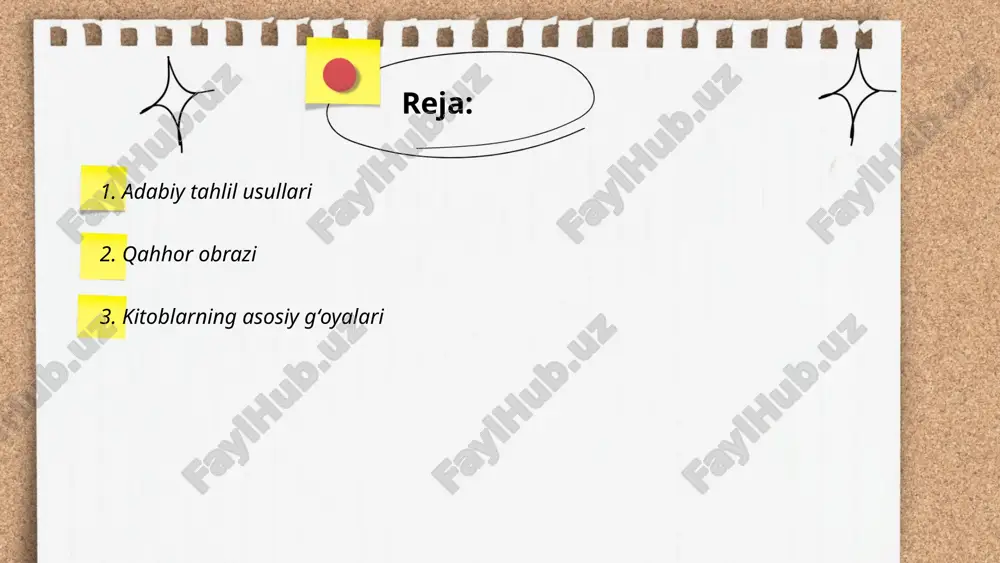 zbek adabiyotining oldingi avlodi" deb nomlangan guruh qatorida olib bordi. ... t.me/slaydai_bot 3. kitoblarning asosiy gʻoyalari odatda muallifning fikrlari, jamiyatga ta'siri va adabiy uslubi orqali ifodalanadi. kitoblar turli janrlar va mavzularni qamrab oladi: tarixiy, ilmiy, falsafiy, badiiy va ilmiy-ommabop. ko'pincha asosiy g'oya muammolarni ochib berish, axloqiy-didaktik xulosalar chiqarish yoki hayotiy masalalarni yoritishga qaratiladi. olingan ma'lumotlarga ko'ra, kitoblarning 60% ijamiyat muammolarini o'rganishga qaratilgan bo'lib, ulardan 40% i esa badiiy asarlardir. kitoblarning yarmi taxminan 80% foydalanuvchilar tomonidan didaktik g'oyalari uchun o'qiladi. xvi asrdan boshlab kitob nashriyotlari va kitobxonlik madaniyati rivojlanishi kitoblarning asosiy g'oyalarini ommaga yetkazishda muhim rol o'ynagan. shu bois kitoblar inson tafakkurini shakllantirishda va yangi bilimlarni olishda hal qiluvchi ahamiyatga ega. ... t.me/slaydai_bot 4. uslubiyat va badiiy tasvir vositalari uslubiyat va badiiy tasvir vositalari asarlar yozilishida asosiy o‘rin tutadi. uslubiyat asarda til va nutq xususiyatlarining o‘ziga xos qo‘llanilish usullarini belgilaydi. badiiy tasvir vositalari esa asar mazmunini to‘liq ochish, ifodali va ta’sirli …