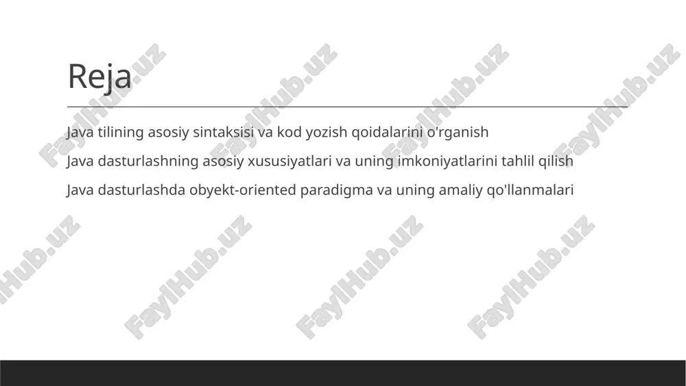 ipse, sintaksis xatolarini avtomatik tarzda belgilaydi. bu yordamida xatolarni tezda aniqlash va tuzatish mumkin. 2 xatolarni tushunish va tahlil qilish xatolik xabarlarini diqqat bilan o‘rganing. ular xato turi va joylashuvi haqida ma’lumot berib, muammoni qanday hal qilishni ko‘rsatadi. 3 kodni tekshirish va optimallashtirish kod yozishda sinov va debugging jarayonlarini qo‘llang. bu xatolarni aniqlash va kodning samaradorligini oshirish uchun muhim usullardir. java kod yozishda e'tibor berilishi kerak bo'lgan muhim qoidalar va tavsiyalar kod yozishda aniq sintaksis o’zgaruvchilarni to’g’ri nomlash kodni modular va tushunarli java kodini yozayotganda sintaksis qoidalariga qat’iy rioya qilish muhim. xatoliklarni oldini olish uchun kodni to’g’ri yozish va tekshirish zarur. o’zgaruvchilar nomlarini ma’noli va aniq qilish kodni tushunishni osonlashtiradi. masalan, 'sum' yoki 'studentage' kabi nomlar tavsiya etiladi. kichik funksiyalar va metodlardan foydalanish kodni soddalashtiradi. bu uni boshqarish va tuzatishni osonlashtiradi, shuningdek, xatoliklarni kamaytiradi. java tilining asosiy sintaksisi va kod yozish qoidalarining o'ziga xosliklari. java sintaksisining asosiy qoidalari java kodlari …