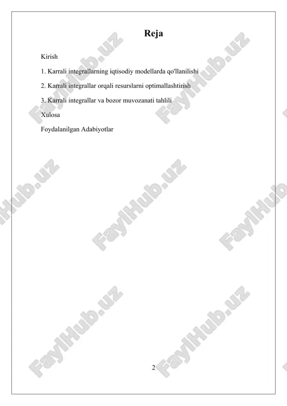 gi vaqtda karrali integrallarni iqtisodiy model va tahlil qilishda qo'llashga oid tadqiqotlar kuchayib bormoqda. tadqiqotchilar ularning bozor tendentsiyalarini bashorat qilish, siyosat o'zgarishlarining ta'sirini baholash va resurslarni optimallashtirishdagi samaradorligini o'rganishmoqda. bu sohada yetakchi ilmiy muassasalar, jumladan, matematik iqtisodiyot va amaliy matematika bo'yicha izlanishlar olib boruvchi universitetlar va iqtisodiy tadqiqot markazlari faoliyat yuritmoqda. karrali integrallarni iqtisodiy nazariyaga kirita olish tendentsiyasi zamonaviy iqtisodiyotda hisobga olinayotgan muhim yo'nalishlardan biridir. biroq, karrali integrallarning qo'llanishida bir qator muammolar va qiyinchiliklar mavjud. i. karrali integrallarning iqtisodiy modellarda qo'llanilishi karrali integrallarning iqtisodiy modellarda qo'llanilishi, iqtisodiy jarayonlarni chuqurroq tahlil qilish va tushunish uchun muhim matematik vosita sifatida ajralib turadi. karrali integrallarning o'ziga xos xususiyatlari, ularni an'anaviy integrallar bilan taqqoslaganda, iqtisodiy muammolarni hal qilishda yangi imkoniyatlar yaratadi. ushbu bo'limda karrali integrallarning iqtisodiy modellarda qanday qo'llanilishi, ularning afzalliklari va mumkin bo'lgan cheklovlari ko'rib chiqiladi. karrali integrallar, o'z navbatida, iqtisodiy modellarni shakllantirishda bir necha usullar orqali qo'llaniladi. masalan, karrali integrallar yordamida foyda …
