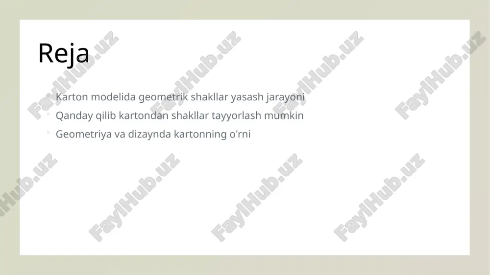 ushunchalarini o'rganish uchun samarali vosita bo'lib, o'quvchilarga shakl va o'lchovlar haqida chuqurroq tushuncha beradi. kartondan geometrik shakllarni yasashda dastlabki qadamlar va materiallar. materiallar tanlovi kartondan geometrik shakllarni yasashda sifatli karton, qaychi, qalam va yopishtiruvchi materiallar tanlash muhimdir. bu asboblar tayyorgarlik jarayonini yengillashtiradi. dastlabki chizmalar yaratmoqchi bo'lgan shaklning dastlabki chizmasini tayyorlash, muhim birinchi qadamdir. bu chizmalar, kerakli o'lchov va proporsiyalarni aniqlashda yordam beradi. shakllarni kesish chizmalar tayyor bo'lgach, kartonni ehtiyotkorlik bilan kesish lozim. bu jarayon aniqlik va to'g'rilikni ta'minlaydi, natijada sifatli shakllar olinadi. karton shakllarni tayyorlashda foydalaniladigan asosiy usullar va texnikalar. karton kesish karton shakllarni tayyorlashda birinchi qadam sifatida kartonni aniqlik bilan kesish muhimdir. bu shaklning to'g'ri va chiroyli bo'lishini ta'minlaydi. yig'ish usullari karton shakllar yig'ish jarayonida oddiy yopishtiruvchi, skotch yoki maxsus yapıştırıcılar qo'llaniladi. bu usullar shakllarning mustahkamligini ta'minlaydi. rang berish va bezash karton shakllarni rang berish va bezash, ularni estetik jihatdan chiroyli qilish uchun muhimdir. akvarel, bo'yoq yoki qalamlar yordamida …