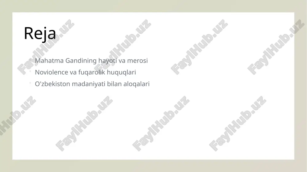 kamladi. mahatma gandhi: madaniyatlararo aloqalar va global ta'siri. 1 madaniyatlararo aloqalar gandhi xalqaro madaniyatlar orasida tinchlik va adolatni targ'ib qiluvchi muhim arbob sifatida tanilgan. u hind, musulmon va boshqa madaniyatlar o'rtasida o'zaro aloqalarni rivojlantirdi. 2 global ta'sir gandhi ning nonviolence falsafasi butun dunyo bo'ylab fuqarolik huquqlari harakatlariga ilhom berdi. uning yondashuvi, amerikaning martin luther king va janubiy afrikadagi nelson mandela kabi yetakchilarni ta'sir qildi. 3 o'zbekiston aloqalari gandhi o'z vaqtida o'zbekiston madaniyatida tinchlik va adolatni ulug'laydigan qadriyatlar bilan bog'liq bo'lgan. uning falsafasi o'zbek xalqining tarixiy an'analari bilan uyg'unlashadi. mahatma gandining noviolentlik falsafasi va uning ta'siri. 1 mahatma gandining tushunchasi mahatma gandhi noviolentlikni inson huquqlarini himoya qilishda kuchli vosita sifatida ko'rdi, bu esa jamiyatda o'zgarishlar yaratdi. 2 noviolentlikning ta'siri gandining noviolentlik falsafasi, 20-asr fuqarolik huquqlari harakatlariga asos bo'lib, ko'plab davlatlarda tinch kurashni rag'batlantirdi. 3 o'zbekistondagi aks-sado o'zbekistonda, gandhi falsafasining ta'siri madaniyat va siyosatga kirib, tinchlik va adolat uchun kurashda muhim ahamiyatga …
