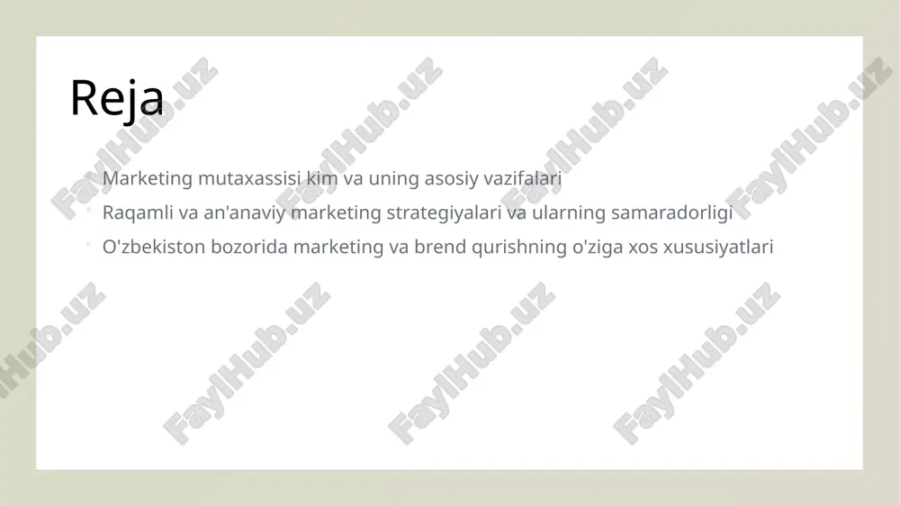 ting mutaxassisi qanday vazifalarni bajaradi va muvaffaqiyat kalitlari bozorni tahlil qilish o'zbekiston bozorida marketing mutaxassisi raqobatbardosh strategiyalar uchun bozorni chuqur o'rganadi, iste'molchilar ehtiyojlari va tendensiyalarni aniqlaydi. mijozlar bilan aloqalar ular mijozlar bilan samarali muloqot o'rnatib, ularning ehtiyoj va istaklarini tushunadi, brendga sodiqlik va ishonchni mustahkamlaydi. yangi imkoniyatlar yaratish mutaxassislar yangi mahsulotlar va xizmatlarni rivojlantiradi, raqamli texnologiyalarni joriy etib, o'zbekiston bozorida innovatsion yondashuvlarni qo'llaydi. raqamli marketing strategiyalarining innovatsion yondashuvlari va samaradorligi sun'iy intellekt va ma'lumotlar tahlili interaktiv va shaxsiylashtirilgan kontent raqamli platformalarda innovatsion usullar raqamli marketingda sun'iy intellekt va katta ma'lumotlar tahlili yordamida mijozlar ehtiyojlarini aniqlash va shaxsiylashtirilgan kampaniyalar yaratish imkoniyati kengaydi. interaktiv reklama va shaxsiylashtirilgan email, push-xabarnoma va chat-botlar orqali mijozlar bilan bog'lanishni kuchaytiradi va ularning ishonchini oshiradi. vr, ar va influencer marketing kabi innovatsion texnologiyalar yordamida brendlar raqamli maydonda ko‘proq e'tibor qozonib, samaradorlikni oshirmoqda. an'anaviy marketing usullari va ularning o'ziga xos afzalliklari 1 an'anaviy marketing usullari an'anaviy marketing usullari …