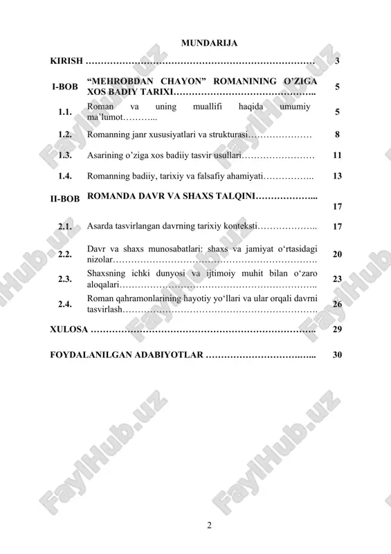 ng inson hayotiga ta’sirini va shaxslarning o‘zlariga bo‘lgan munosabatlarini chuqur anglash. kurs ishining vazifalari: · "mehrobdan chayon" romanidagi davrni tahlil qilish va uning shaxsga bo‘lgan ta’sirini aniqlash. · romanda tasvirlangan shaxslarning psixologik portretlarini o‘rganish va ularning o‘zaro munosabatlaridagi ijtimoiy, ma’naviy va axloqiy aspektlarni tahlil qilish. · yozuvchining shaxs va jamiyat o‘rtasidagi konfliktni qanday badiiy vositalar yordamida ifodalaganini ko‘rsatish. · romanidagi davr va shaxs talqini orqali o‘z davrining adabiy va ijtimoiy muammolarini qanday yoritganini o‘rganish. kurs ishini obyekti: "mehrobdan chayon" romani va undagi asosiy obrazlar, davr va shaxsning o‘zaro aloqalari. asar orqali tasvirlangan tarixiy va ijtimoiy muhit, uning shaxslarning fikrlash tarziga va hayotiga ta’siri. kurs ishining predmeti: "mehrobdan chayon" romanida tasvirlangan davr va shaxs talqini. asarda shaxsiyatlarning ichki dunyosi, jamiyatdagi o‘rinlari va o‘zaro munosabatlaridagi o‘zgarishlar, davrning shaxsga bo‘lgan ta’sirini ochib berish. kurs ishining metadologik asosi: tadqiqotda adabiy tahlil, psixologik tahlil, strukturalizm va kontekstual yondoshuvlar asosida romanni tahlil qilish. shuningdek, zamonaviy adabiyotshunoslik …