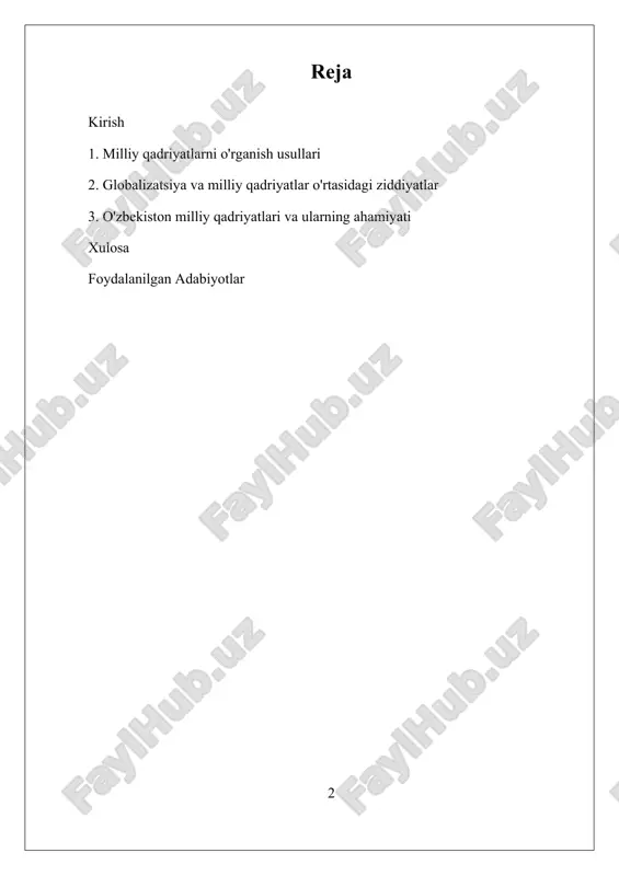 radi. milliy identitet, madaniy meros, etik prinsiplar va ijtimoiy birlashuv kabi asosiy tushunchalar milliy qadriyatlar bilan bog'liqdir. milliy identitet shaxsni millatga mansublik hissi bilan bog'laydi, madaniy meros esa avloddan avlodga o'tib keladigan jismoniy va nojismoniy merosni anglatadi. etik prinsiplar esa jamiyat ichidagi xulq-atvorni boshqaruvchi normativ ko'rsatmalardir. ijtimoiy birlashuv esa jamiyat a'zolarini bir-biriga bog'laydigan aloqalarni ifodalaydi. milliy qadriyatlarni tushunish bir qancha sabablarga ko'ra muhimdir. i. milliy qadriyatlarni o'rganish usullari milliy qadriyatlarni o'rganish usullari, milliy qadriyatlarni to'g'ri anglash va ularga asoslangan tadqiqotlarni amalga oshirish uchun muhimdir. ushbu usullar bir necha asosiy yo'nalishlarni o'z ichiga oladi, jumladan, sifatli va miqdoriy tadqiqot usullari, tarixiy tahlil, madaniy antropologiya, so'rovlar va intervyular orqali olingan ma'lumotlar, shuningdek, etnografik tadqiqotlar. har bir usulning o'ziga xos afzalliklari va kamchiliklari bor, shuning uchun ularni birgalikda qo'llash ko'proq muvofiqdir. sifatli tadqiqot usullari milliy qadriyatlarni chuqur tahlil qilish uchun zarurdir. bunga intervyular, fokus-guruhlar va etnografik kuzatishlar kiradi. intervyular orqali tadqiqotchilar odamlarning shaxsiy …