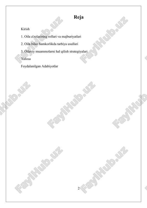 ishda va bolalarni tarbiyalashda muhim rol o'ynaydi. oila bilan hamkorlikda ishlash, ko'plab ijtimoiy va iqtisodiy muammolarni hal qilishda samarali usul sifatida ko'rilmoqda. bu, oilaviy aloqalarni mustahkamlashda va bolalarning ijtimoiy ko'nikmalarini rivojlantirishda muhim o'rin tutadi. yana bir muhim jihat, oilaviy a'zolar o'rtasida yaxshi hamkorlik, stressni kamaytiradi va umumiy hayot sifatini yaxshilaydi. hozirgi kunda, oilaviy hamkorlikda ishlash bo'yicha ko'plab tadqiqotlar olib borilmoqda. i. oila a'zolarining rollari va majburiyatlari oila a'zolarining rollari va majburiyatlari oilaviy hamkorlikda ishlashning markaziy jihatlaridan biridir. har bir oila a'zosining o'ziga xos vazifalari va majburiyatlari bor, bu esa oila ichidagi munosabatlar va faoliyatlarni tartibga soladi. oila a'zolarining rollari shaxsiy, ijtimoiy va iqtisodiy jihatdan muhim ahamiyatga ega bo'lib, ularni tushunish oilaviy hamkorlikni kuchaytirishga yordam beradi. oila a'zolarining rollari odatda quyidagi asosiy toifalarga bo'linadi: ota-ona roli, farzand roli, va boshqa qarindoshlarning roli. ota-ona roli oilaning asosiy ko'makchisi sifatida ko'riladi. ota va ona farzandlarining tarbiyasi, ularning hissiy va ijtimoiy rivojlanishi uchun mas'uldirdir. …