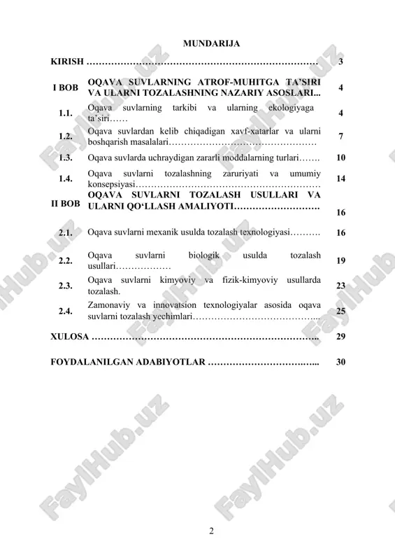 liyotga tatbiq etish bugungi ekologik, iqtisodiy va texnologik rivojlanish sharoitida nihoyatda dolzarb masalalardan biri bo‘lib qolmoqda. kurs ishining maqsadi: ushbu kurs ishining maqsadi – oqava suvlardan tozalash usullarini o‘rganish, ularning turlari, ishlash prinsiplari va samaradorligini tahlil qilishdan iborat. oqava suvlardagi ifloslantiruvchi moddalar xususiyatlari va ularni yo‘qotishga qaratilgan biologik, mexanik va kimyoviy tozalash usullari keng ko‘lamda ko‘rib chiqiladi. shuningdek, zamonaviy innovatsion texnologiyalar asosida suvni qayta ishlash imkoniyatlari, ekologik xavfsizlikni ta'minlashdagi roli va amaliy misollar orqali ularning samaradorligi o‘rganiladi. kurs ishining obyekti: kurs ishining obyekti sifatida turli manbalardan keladigan oqava suvlardan tozalash tizimlari va usullari olinadi. tozalash usullarining ekologik samaradorligi, amaliy qo‘llanish sohalari, texnik-texnologik jihatlari hamda ularning jamiyat va tabiatga ta’siri tahlil qilinadi. obyekt doirasida oqava suvlarni mexanik, biologik, fizik-kimyoviy usullar orqali tozalash texnologiyalari, ularning ustun va zaif jihatlari, shuningdek, ilg‘or xorijiy tajribalar asosida ishlab chiqilgan zamonaviy usullar ham ko‘rib chiqiladi. tozalash jarayonidagi texnik vositalar, filtrlash tizimlari, aeratsiya va dezinfeksiyalash jarayonlari asosiy …