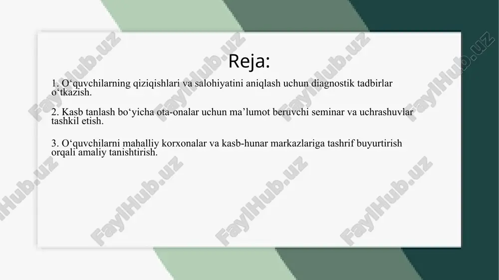 y muhitning ahamiyatini kuchaytirish maqsadida amalga oshiriladi. ota-onalar ko‘pincha farzandining kasb tanlashiga bevosita yoki bilvosita ta’sir ko‘rsatadi. shu sababli, ularga zamonaviy kasblar, mehnat bozori talablari, texnologik o‘zgarishlar, ta’lim yo‘nalishlari va o‘quvchilarning psixologik xususiyatlari haqida aniq va ishonchli ma’lumot berish lozim. seminarlarda mutaxassislar — kasb tanlash bo‘yicha psixologlar, oliy ta’lim muassasalari vakillari, muvaffaqiyatli kasb egalarining ishtirok etishi foydalidir. uchrashuvlarda ota-onalarga farzandlarining qiziqishlari va salohiyatini inobatga olgan holda qanday yordam berishlari mumkinligi tushuntiriladi. shuningdek, noto‘g‘ri yo‘naltirishning salbiy oqibatlari haqida ogohlantirishlar ham beriladi. seminarlarda ota-onalar bilan ochiq muloqot o‘rnatilib, savol-javoblar, tajriba almashish, misollar orqali kasb tanlash jarayoniga ongli yondashuv targ‘ib qilinadi. bunday uchrashuvlar oilada farzandning tanlovi hurmat qilinishi, unga qo‘llab-quvvatlov berilishi va ijobiy ruhiyatda qaror qabul qilinishi uchun muhim platforma vazifasini o‘taydi. kasb tanlash bo‘yicha ota-onalar uchun ma’lumot beruvchi seminar va uchrashuvlar tashkil etish ta’lim muassasasining muhim vazifalaridan biri hisoblanadi. chunki ota-onalar farzandlarining hayot yo‘lini belgilashda katta rol o‘ynaydi, ammo ko‘pchilik ota-onalar zamonaviy …