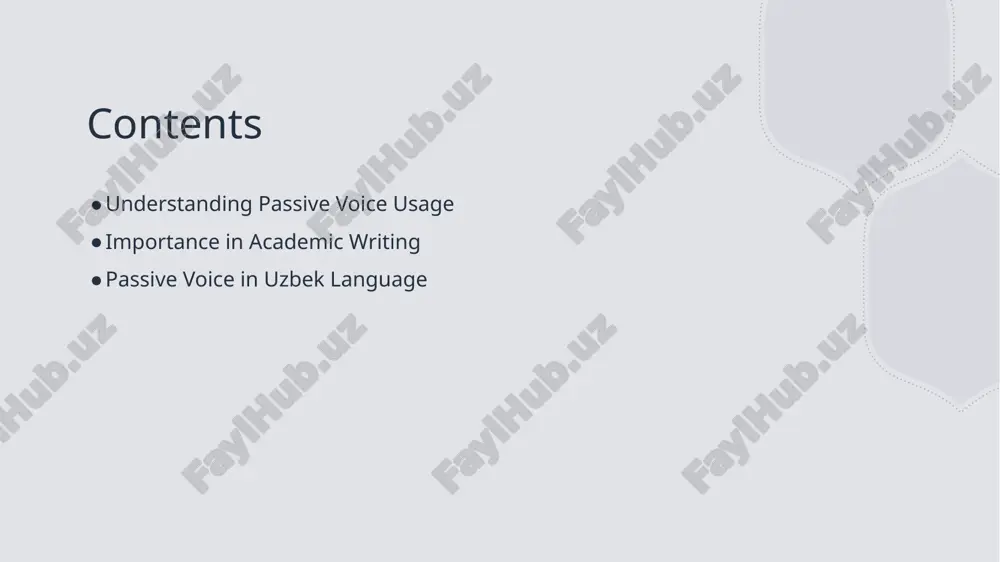 ore objective tone in academic writing. formality and tone the passive voice contributes to a formal tone preferred in scholarly communication, aligning with academic conventions that prioritize structured and impersonal language. exploring the structure and usage of passive voice in uzbek language. 1 structure of passive voice in uzbek, the passive voice is formed using an auxiliary verb with the past participle, emphasizing the action's recipient rather than the doer. 2 usage in sentences passive constructions in uzbek often appear in academic and formal writing, allowing authors to focus on results and findings over personal involvement. 3 cultural perspectives the use of passive voice in uzbek reflects cultural nuances, prioritizing collective outcomes, which aligns with the communal values prevalent in uzbek society. cultural implications of passive voice in uzbek academic writing. cultural relevance in uzbek academic writing, the passive voice reflects cultural values of humility, allowing authors to prioritize ideas …