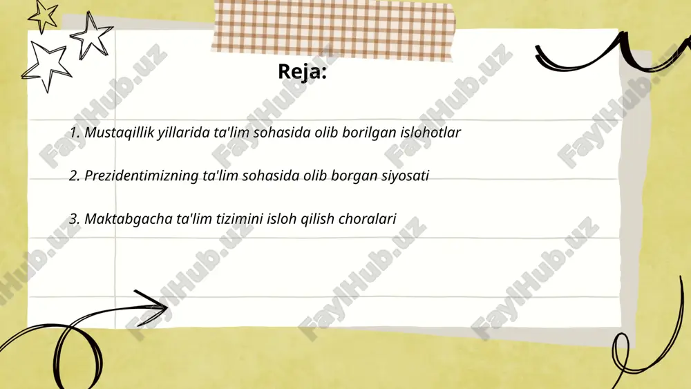 shirilmoqda. 2023-yil ma'lumotlariga ko'ra, respublikada umumiy ta'lim qamrovi 98% ga yetdi. ... t.me/slaydai_bot maktabgacha ta'lim tizimini isloh qilish choralari doirasida o'zbekistonda bir qator o'zgarishlar amalga oshirilmoqda. 2021-yilda maktabgacha ta'lim bilan qamrab olish darajasi 65% ga etdi. 2023-yilga kelib, bu ko'rsatkichni 75% ga oshirish maqsad qilingan. ta'lim sifatini yaxshilash uchun 2 500 dan ortiq yangi maktabgacha ta'lim muassasalari qurilishi rejalashtirilgan. ushbu islohotlar uchun byudjetdan 1,2 trillion so'm ajratilgan. pedagoglar malakasini oshirish maqsadida o'quv seminarlari o'tkazilib, 30 000 nafardan ortiq pedagog qayta tayyorgarlikdan o'tkaziladi. innovatsion ta'lim dasturlari va materiallari tatbiq etilmoqda, shu jumladan, raqamli ta'lim platformalaridan foydalanish joriy etilmoqda. mazkur o'zgarishlar maktabgacha yoshdagi bolalarning intellektual va tafakkur salohiyatini rivojlantirishga qaratilgan. ... t.me/slaydai_bot 4. umumiy o'rta ta'limni rivojlantirish dasturlari 4. umumiy o'rta ta'limni rivojlantirish dasturlari doirasida quyidagi ma'lumotlarni keltirish mumkin: 2022-2030 yillarga mo'ljallangan ta'lim strategiyasiga ko'ra, davlat byudjetidan ta'limga ajratiladigan mablag'lar yiliga 7-10% oshirilishi rejalashtirilgan. 2023-yilda 500 dan ortiq yangi maktablar qurilishi va …